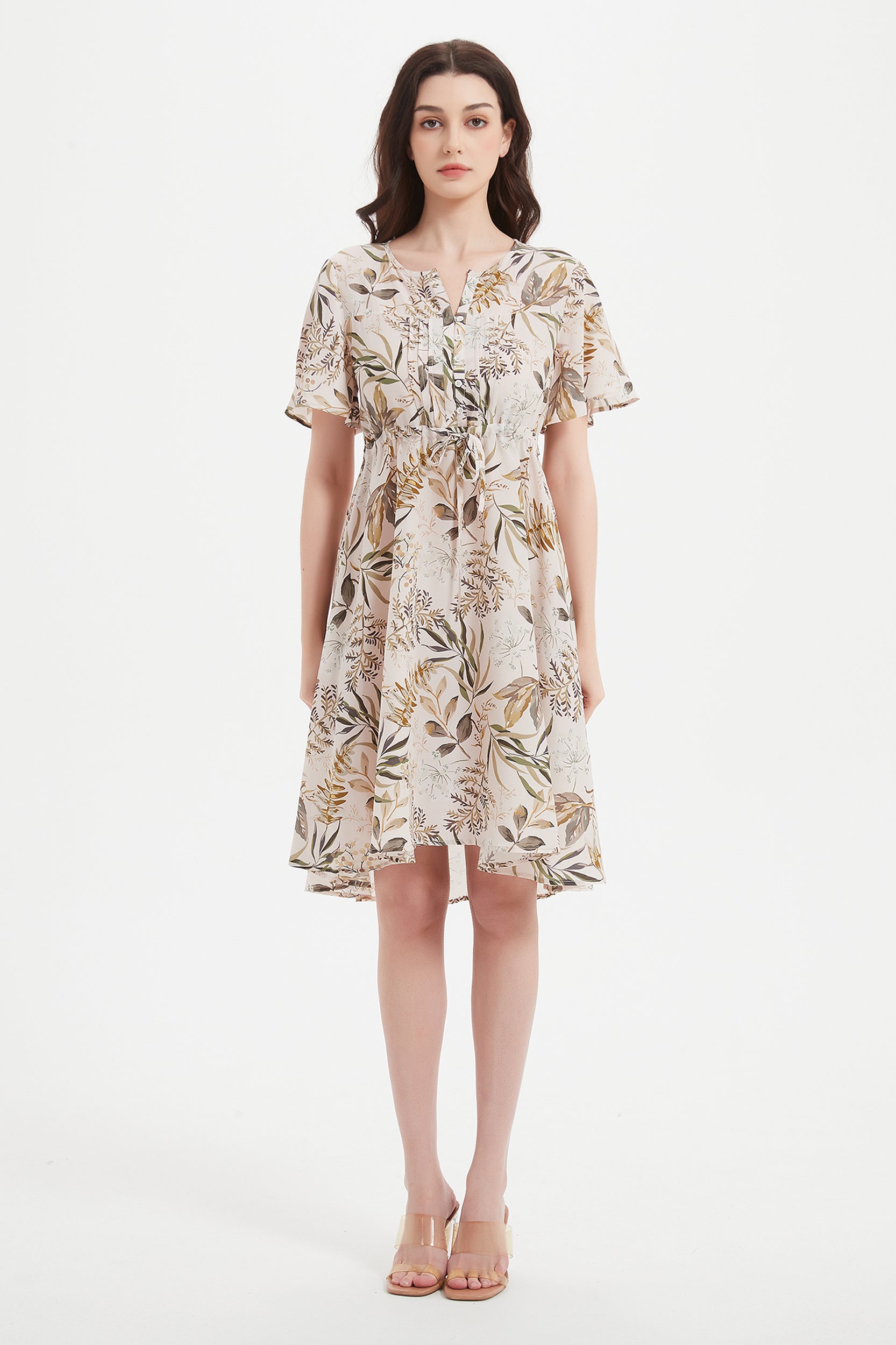 Alice V-neck Leaf Print Silk Dress