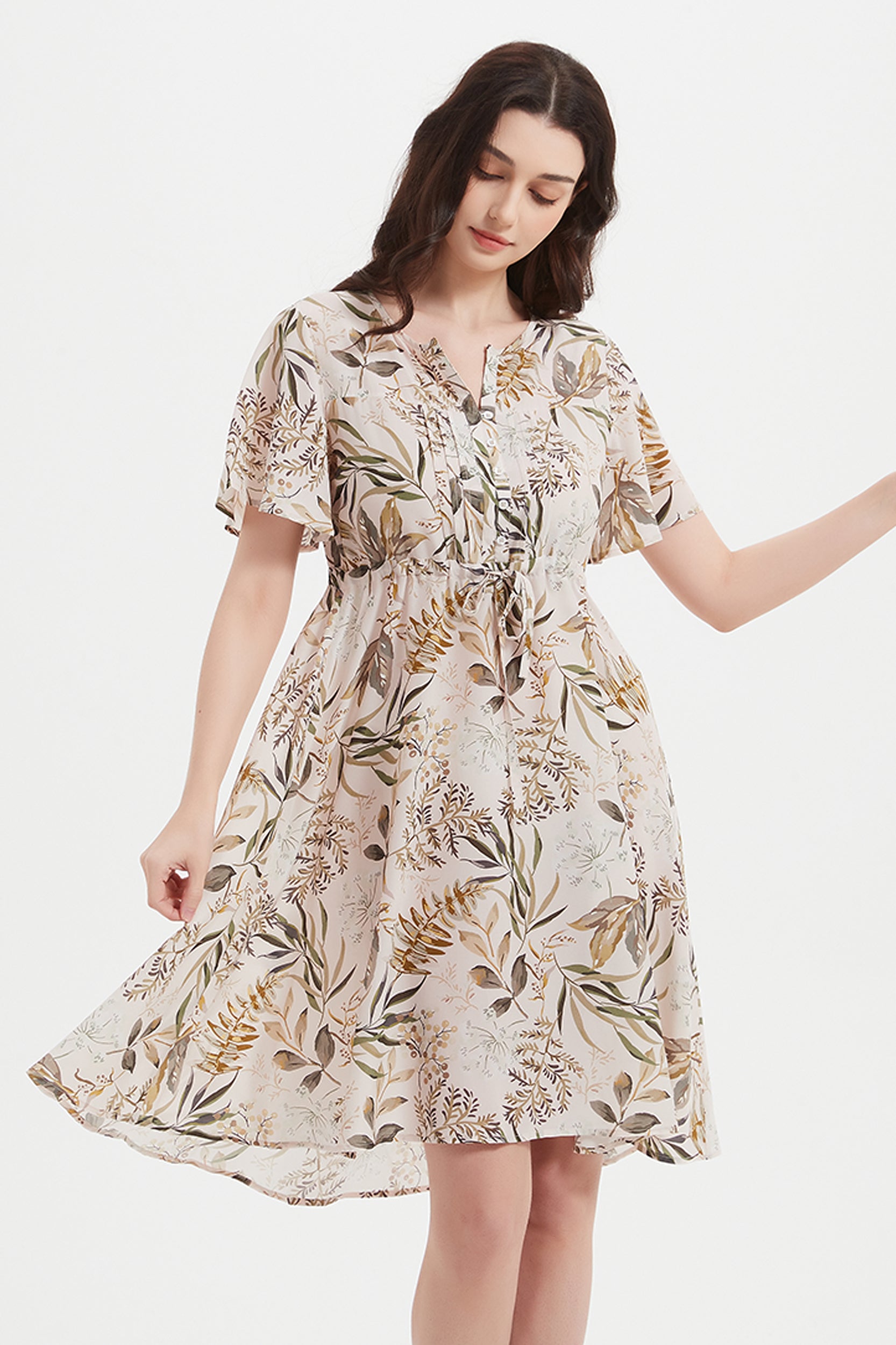 Alice V-neck Leaf Print Silk Dress