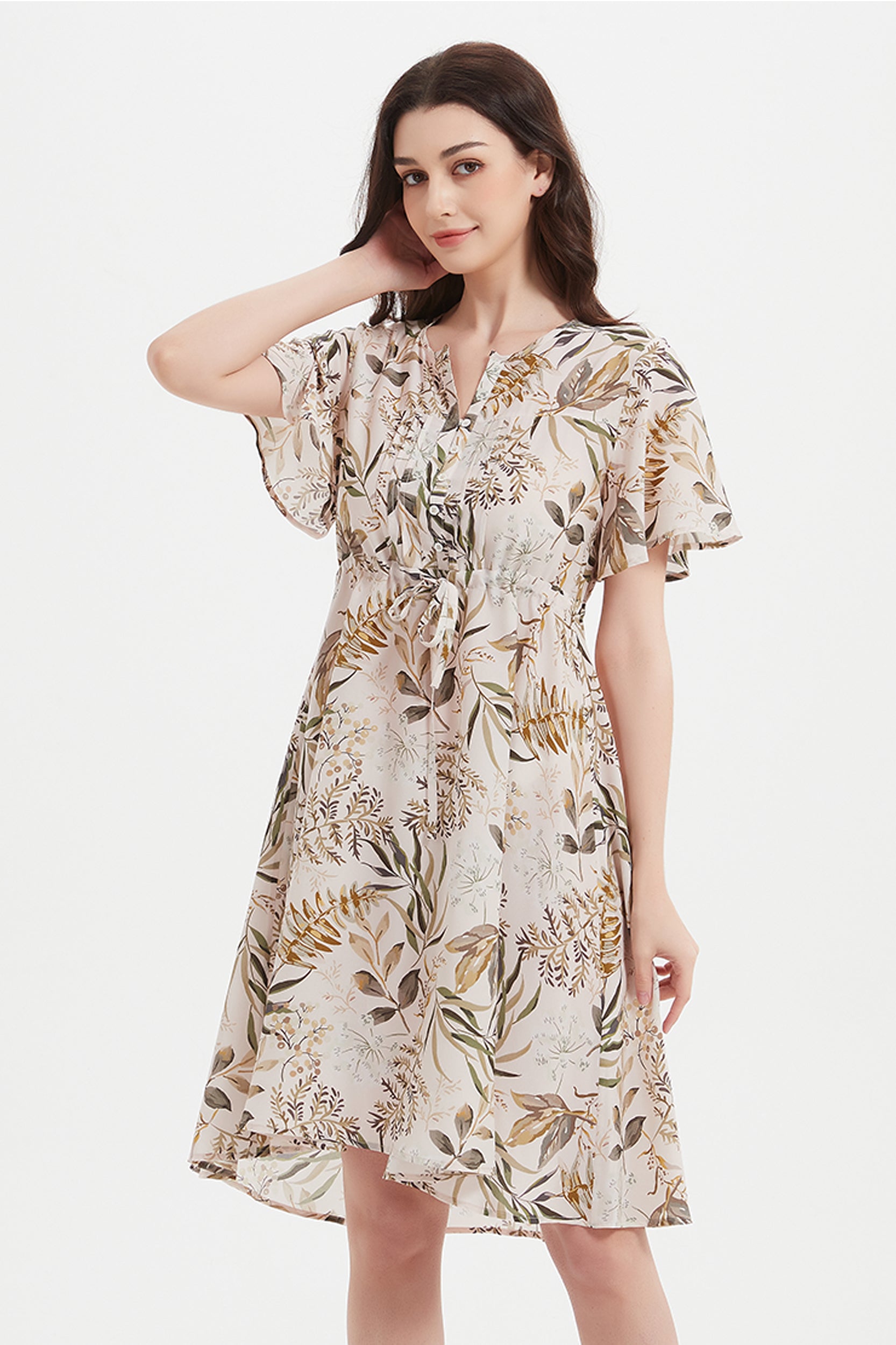 Alice V-neck Leaf Print Silk Dress