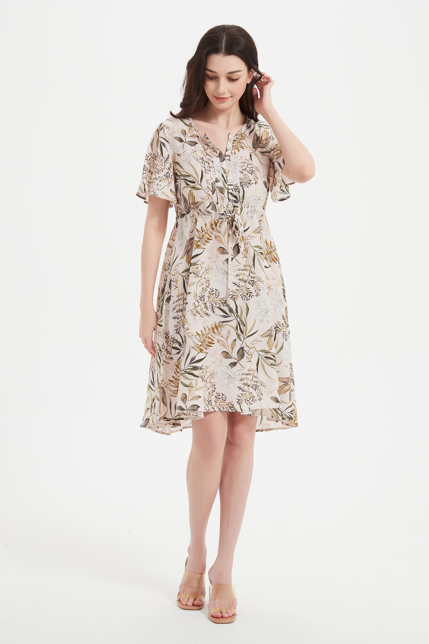Alice V-neck Leaf Print Silk Dress