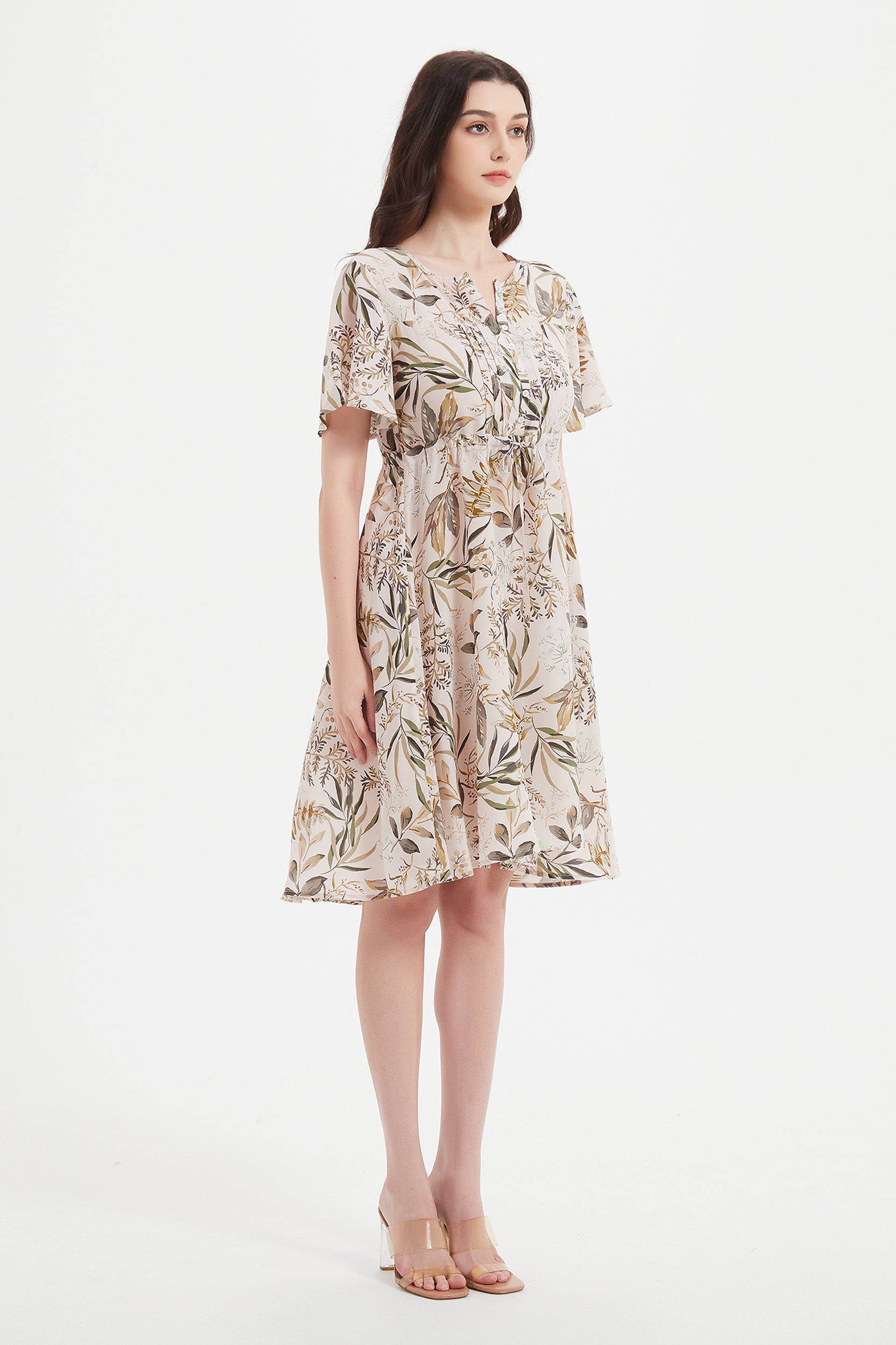 Alice V-neck Leaf Print Silk Dress