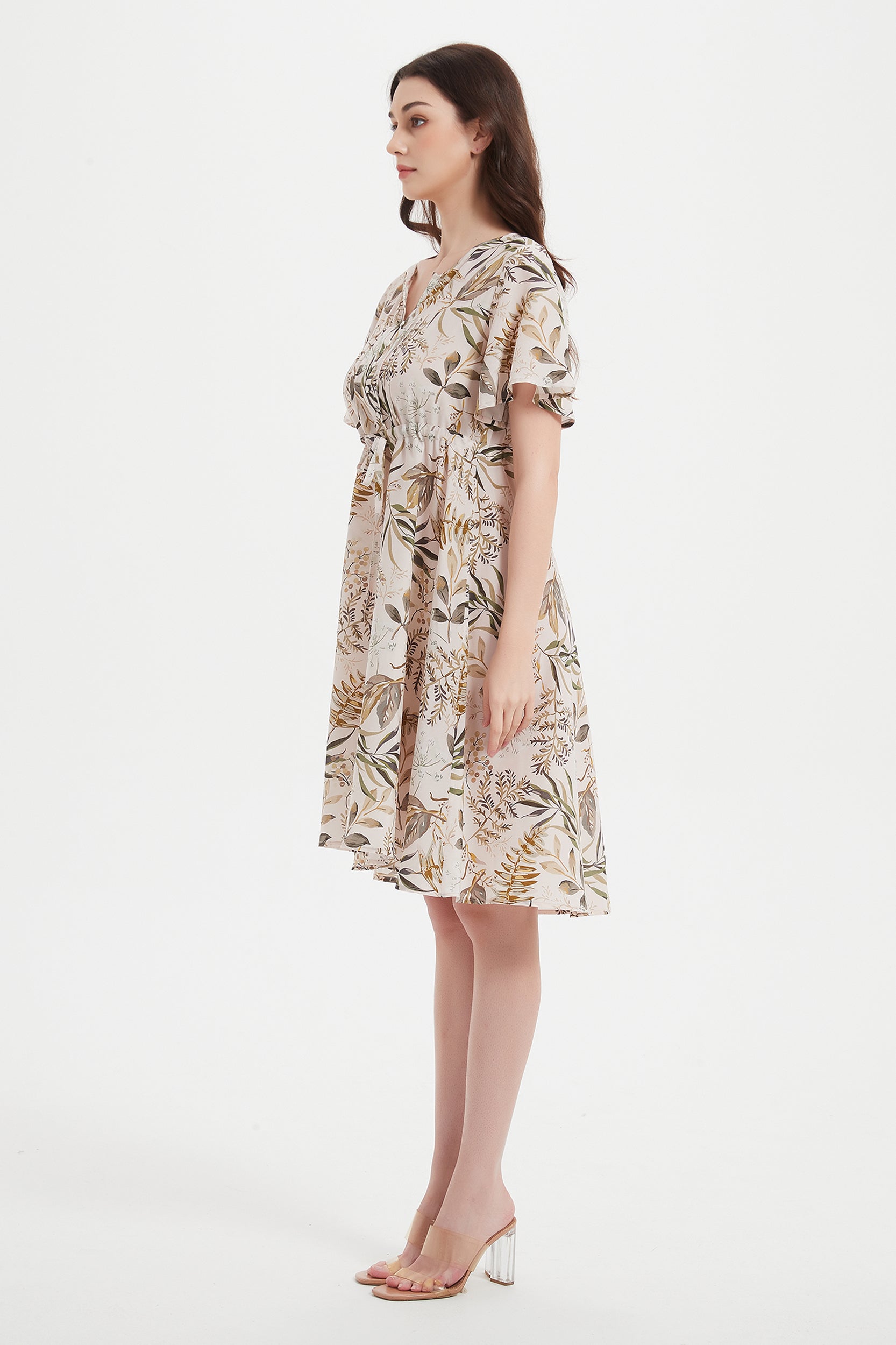 Alice V-neck Leaf Print Silk Dress