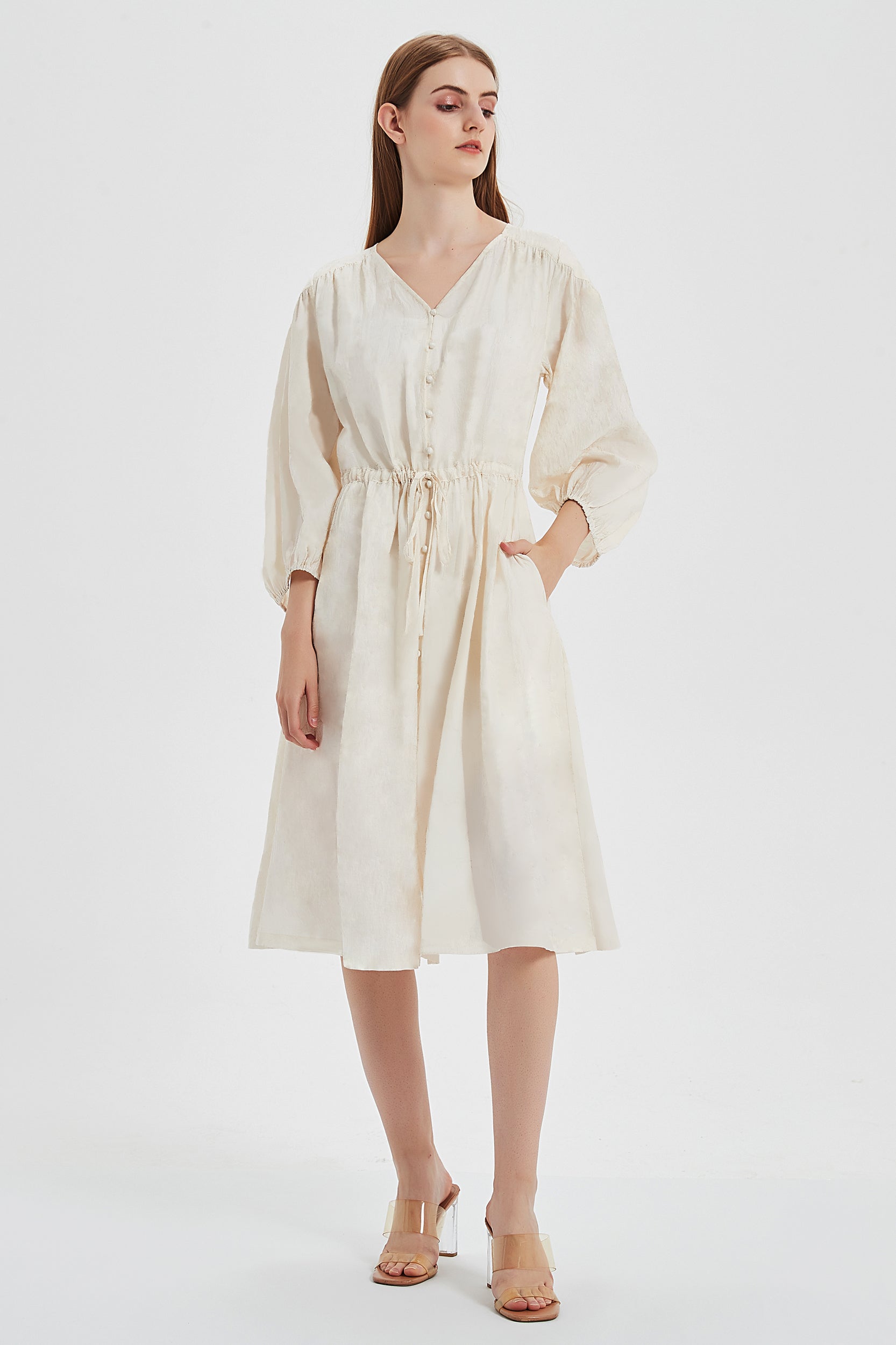 SKYEAnastasiaDrawstringPuffSleeveMidiDressLightBeige