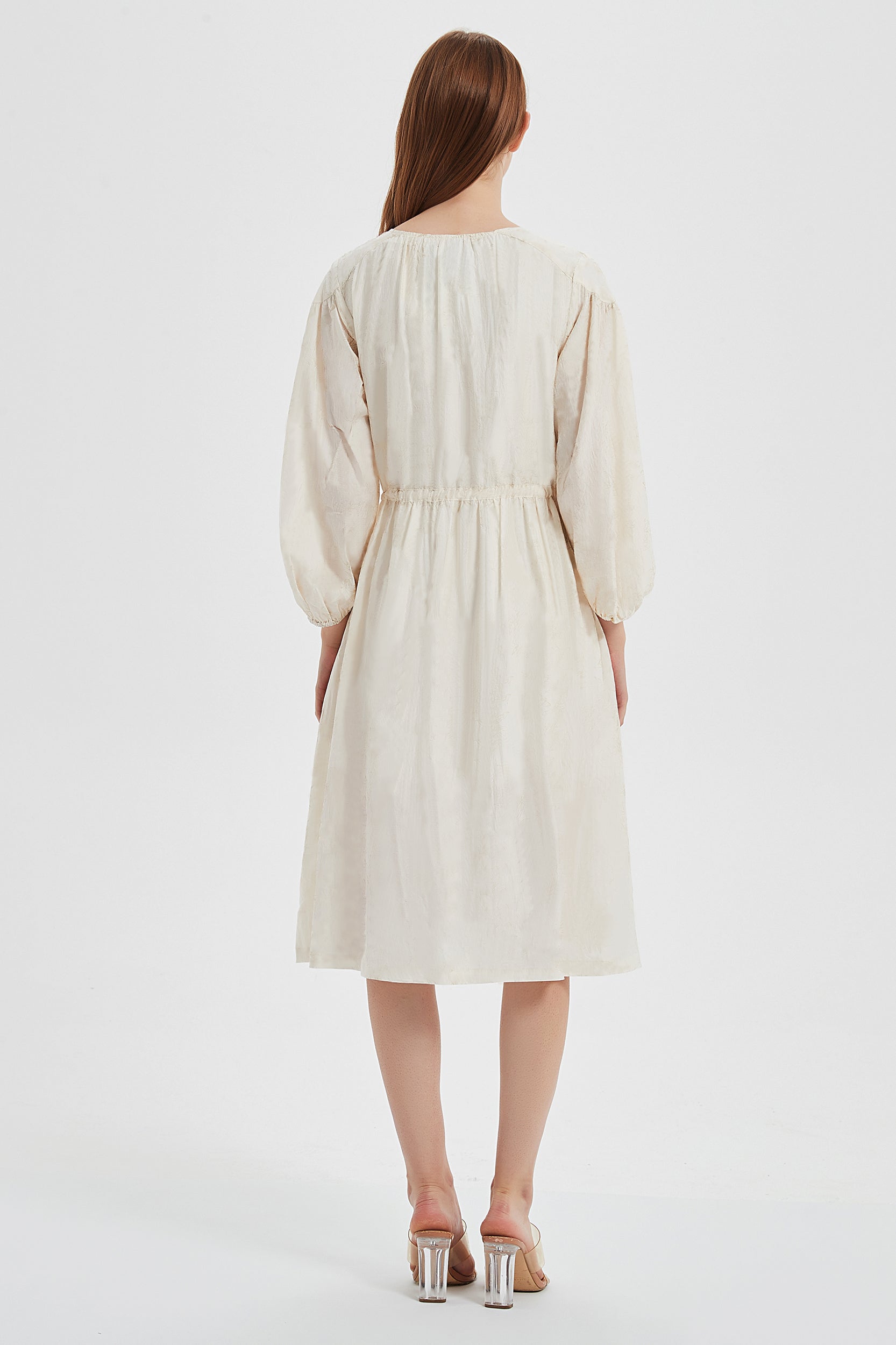 SKYEAnastasiaDrawstringPuffSleeveMidiDressLightBeige1