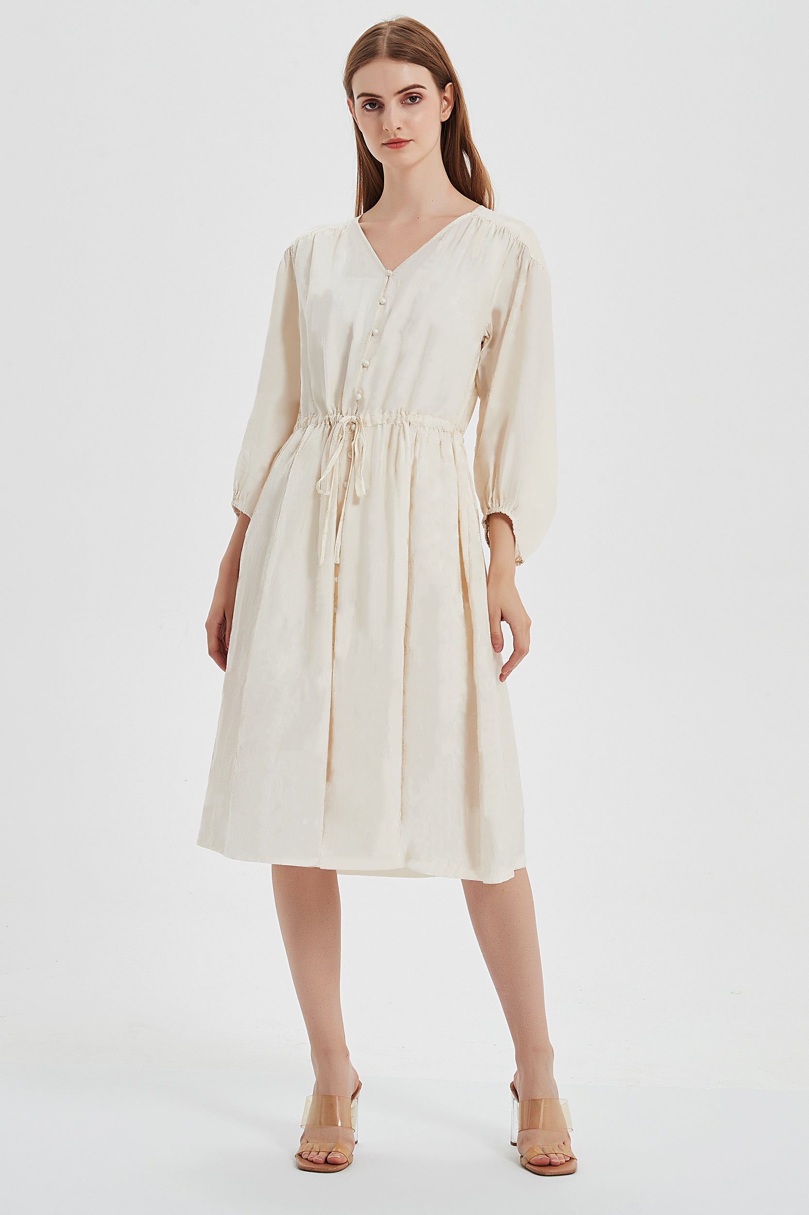 SKYEAnastasiaDrawstringPuffSleeveMidiDressLightBeige3