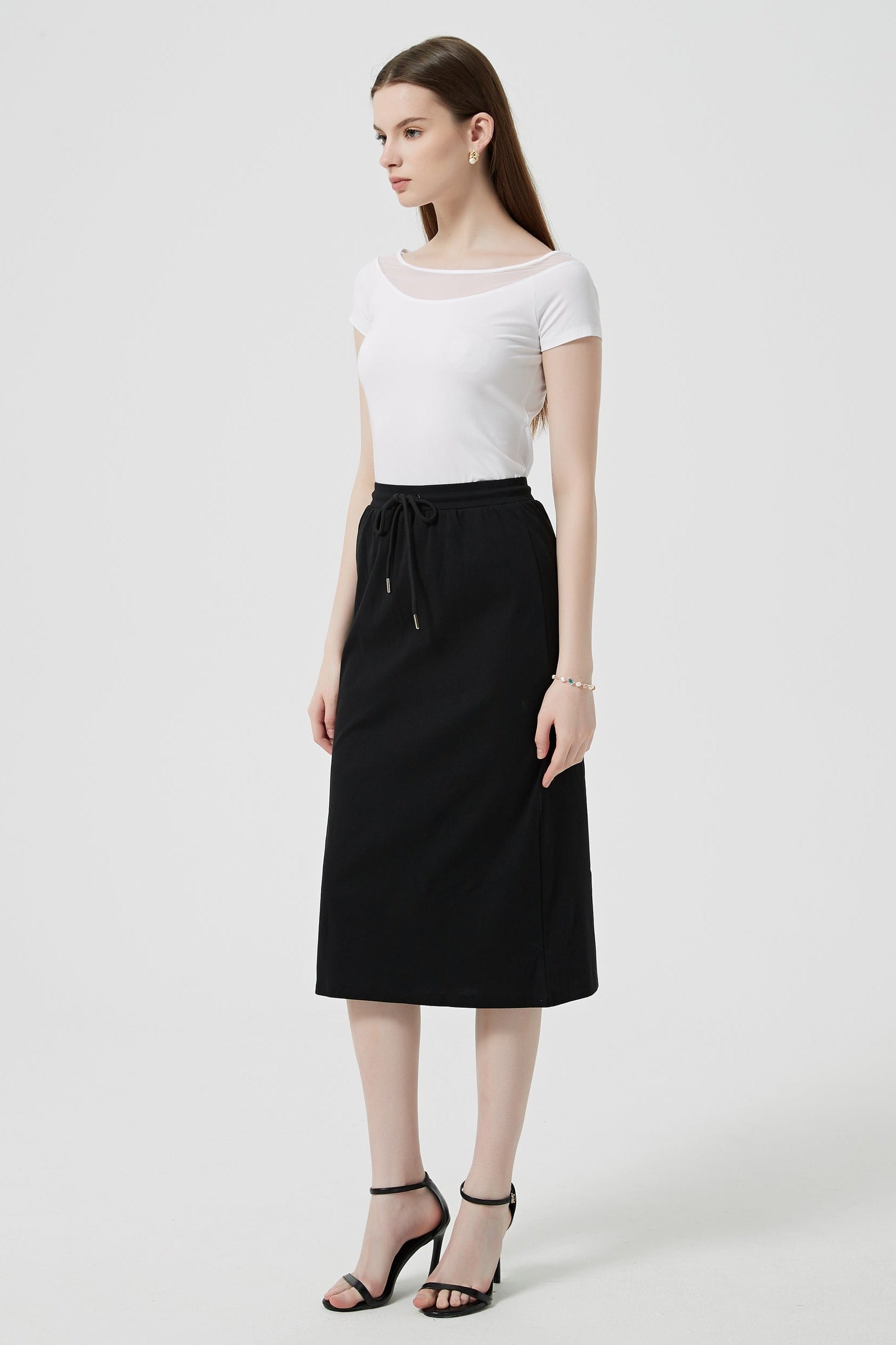 Antonia Stretch Waist Cotton Midi Skirt