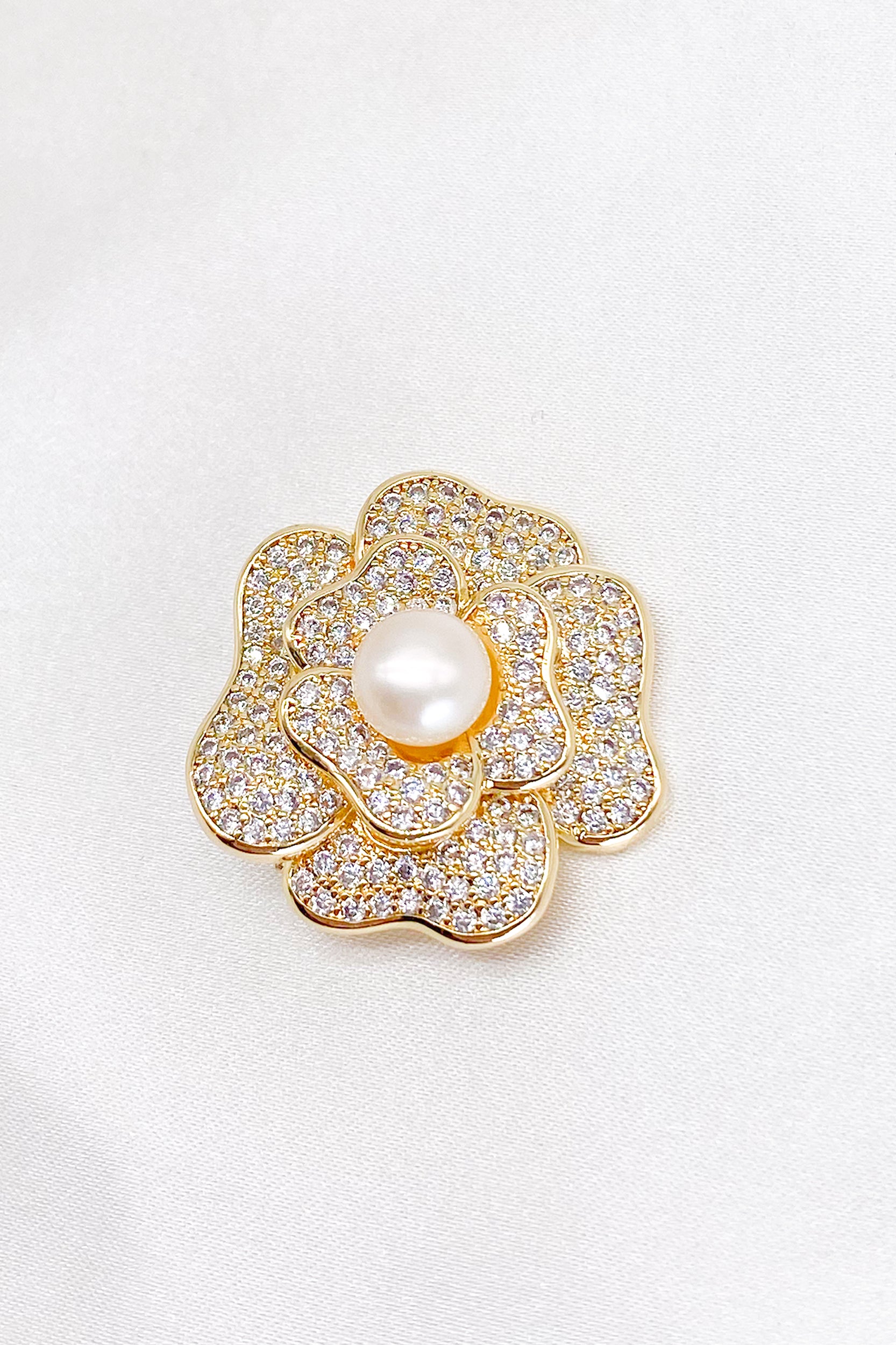 Carmen Gold Pave Rhinestone Rose Brooch