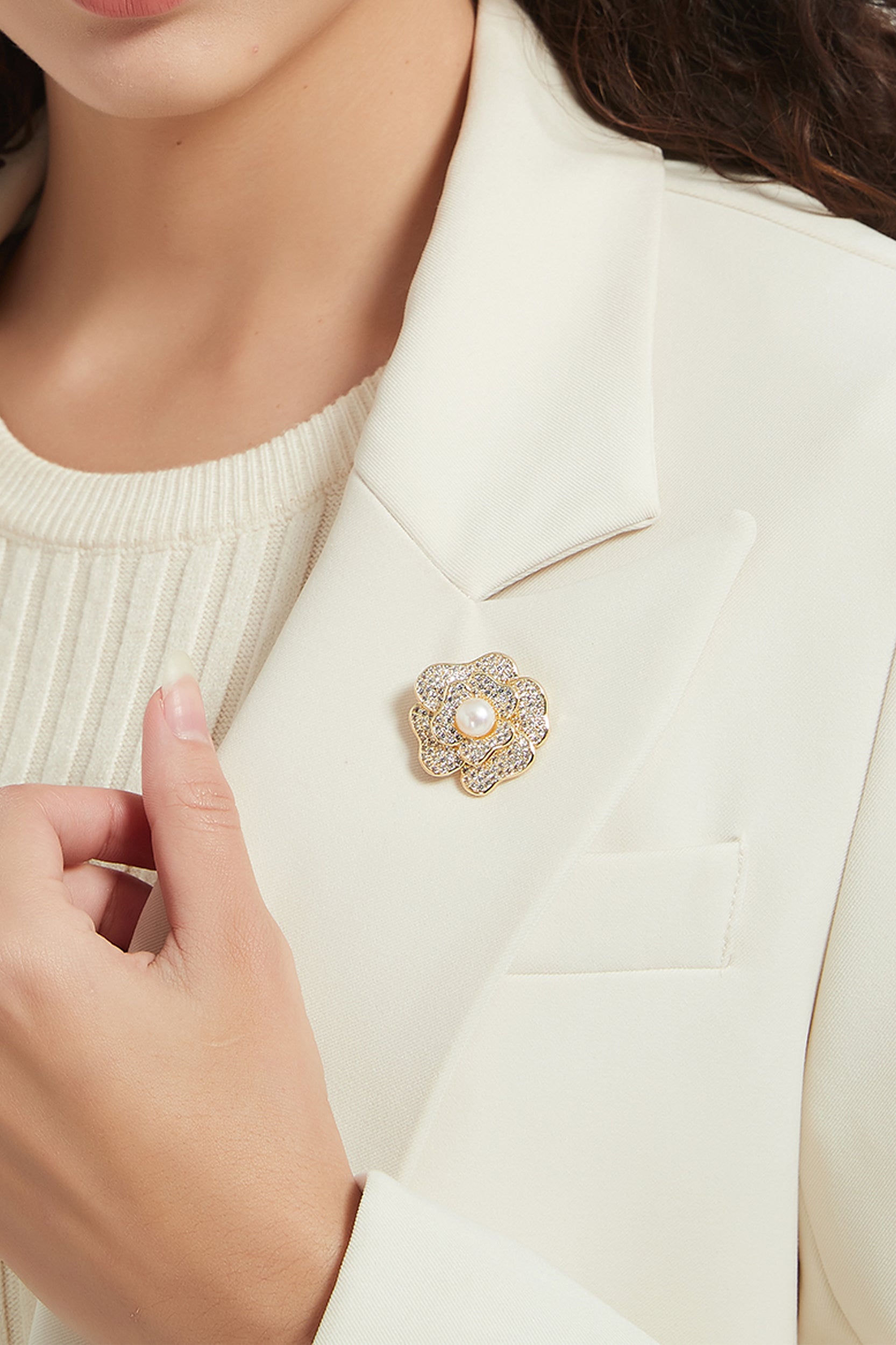 Carmen Gold Pave Rhinestone Rose Brooch