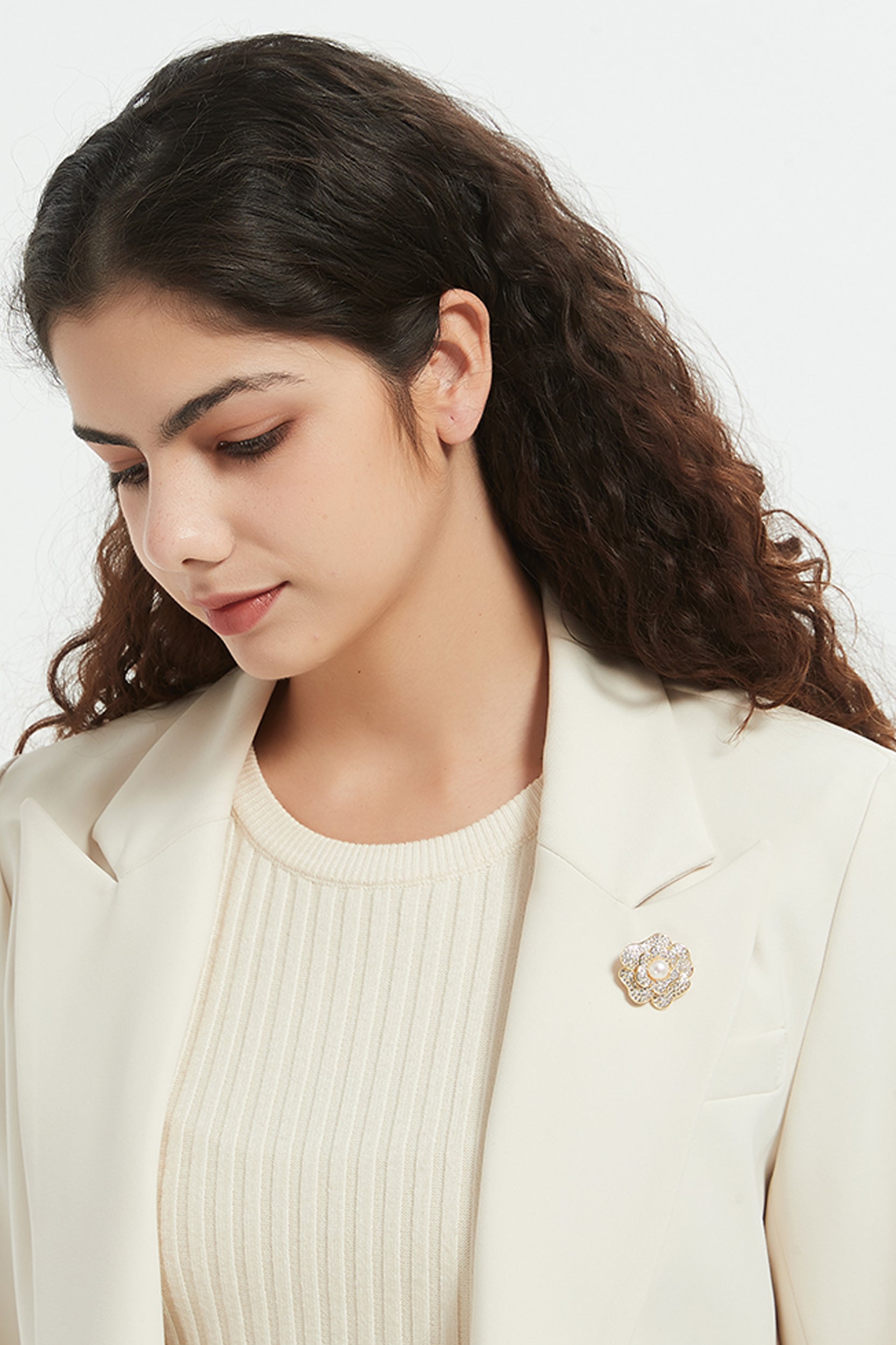 Carmen Gold Pave Rhinestone Rose Brooch
