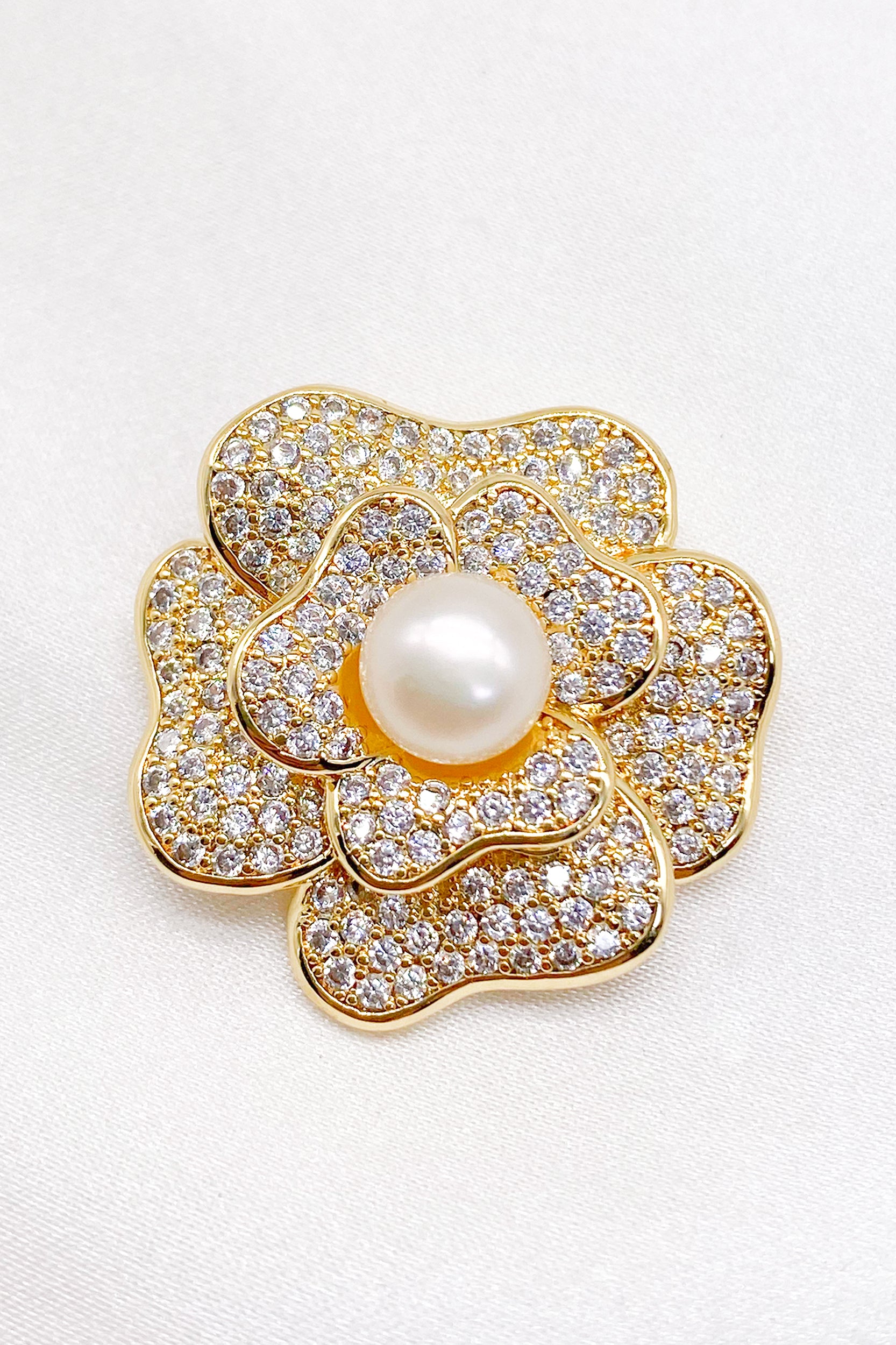 Carmen Gold Pave Rhinestone Rose Brooch