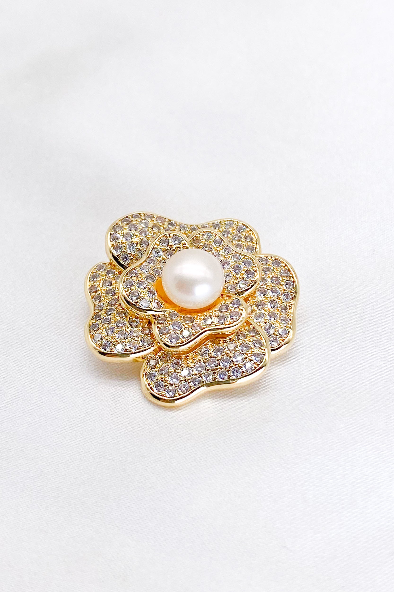 Carmen Gold Pave Rhinestone Rose Brooch