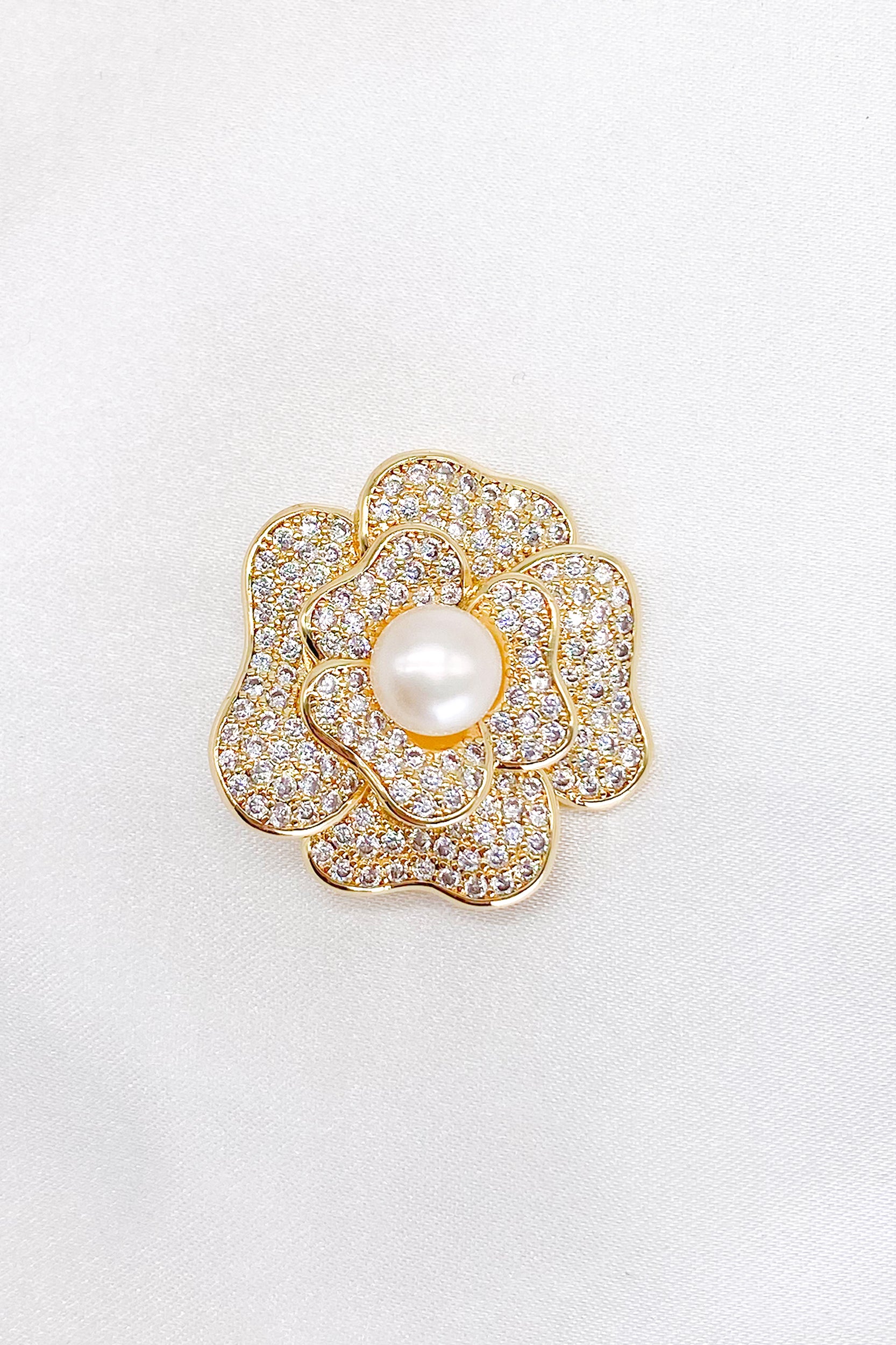 Carmen Gold Pave Rhinestone Rose Brooch