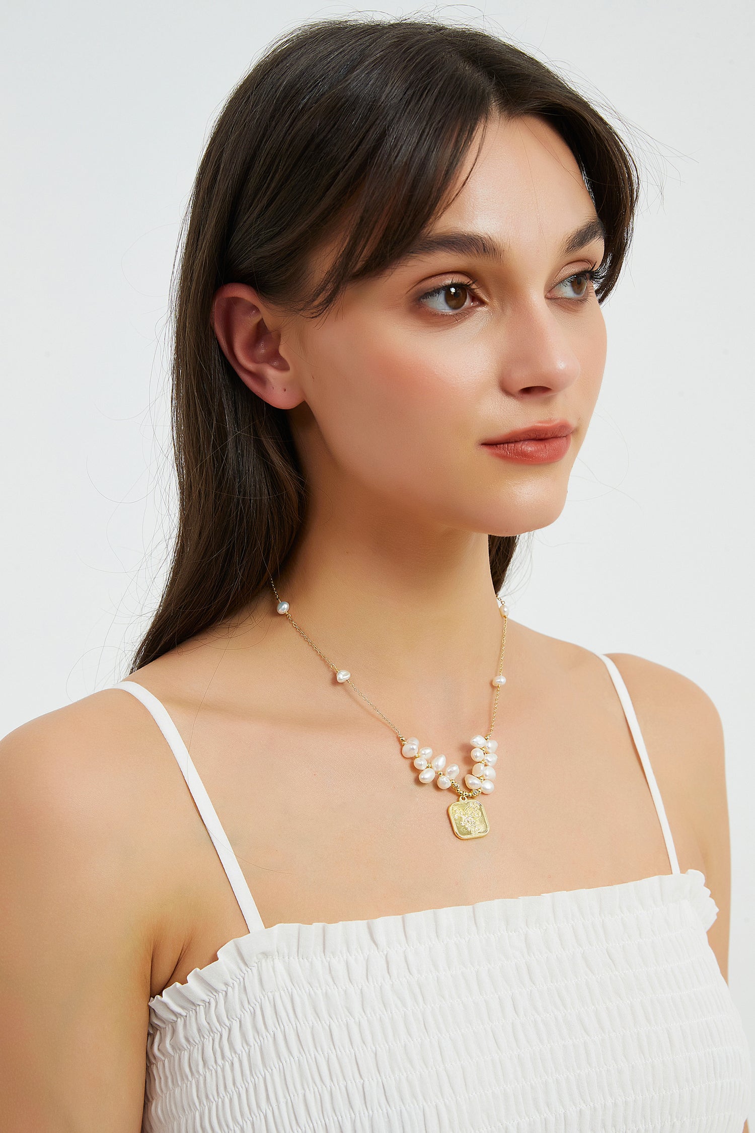 Caroline Gold Square Rose Medallion Pearl Necklace