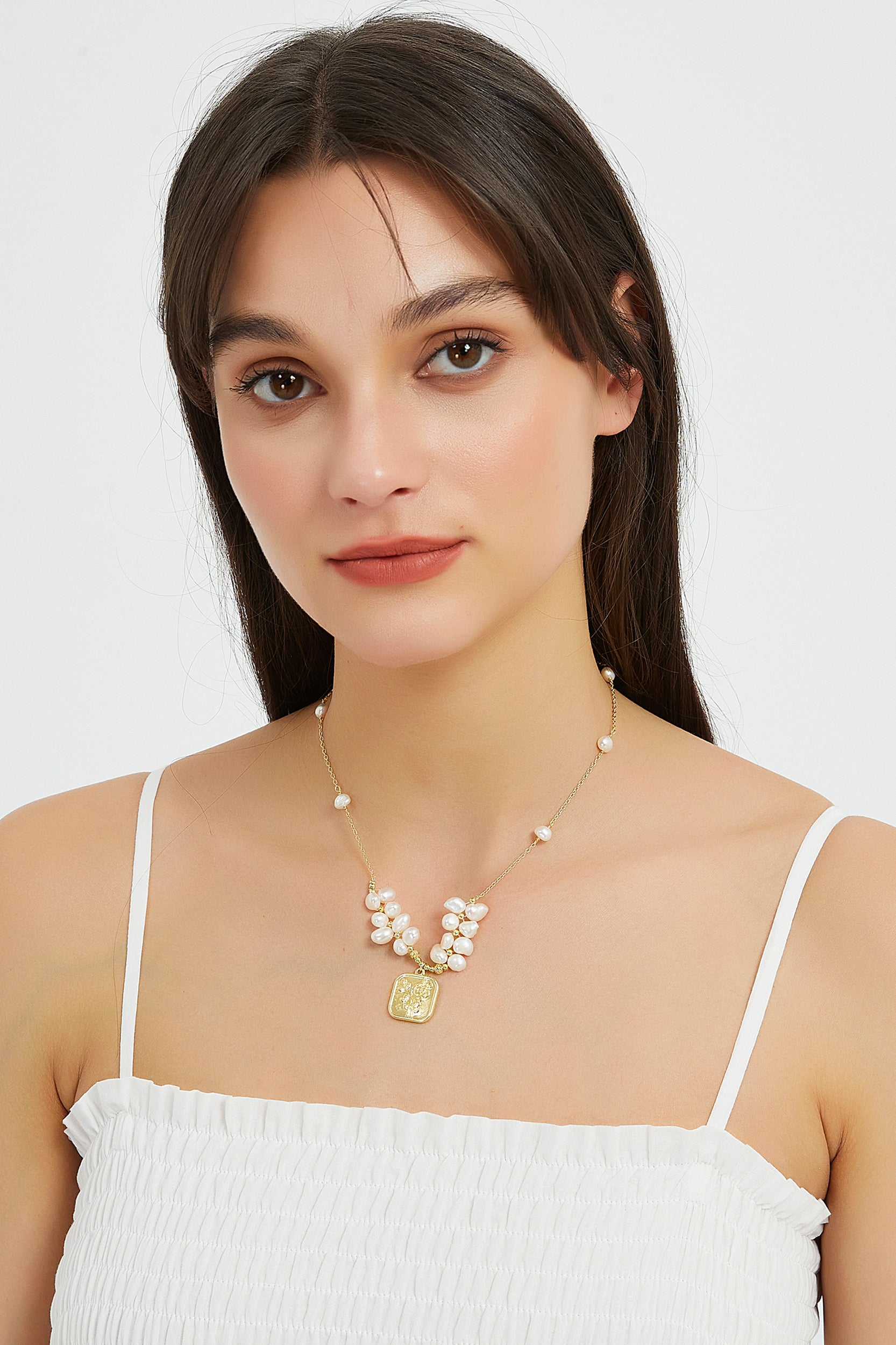 Caroline Gold Square Rose Medallion Pearl Necklace