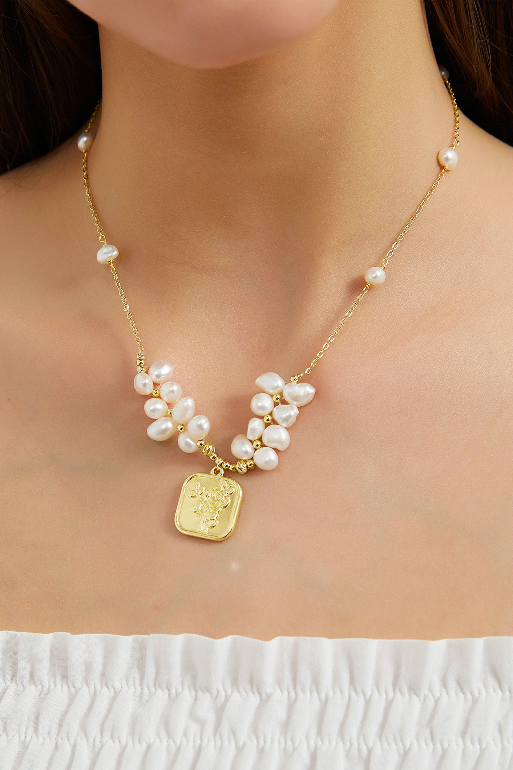 Caroline Gold Square Rose Medallion Pearl Necklace