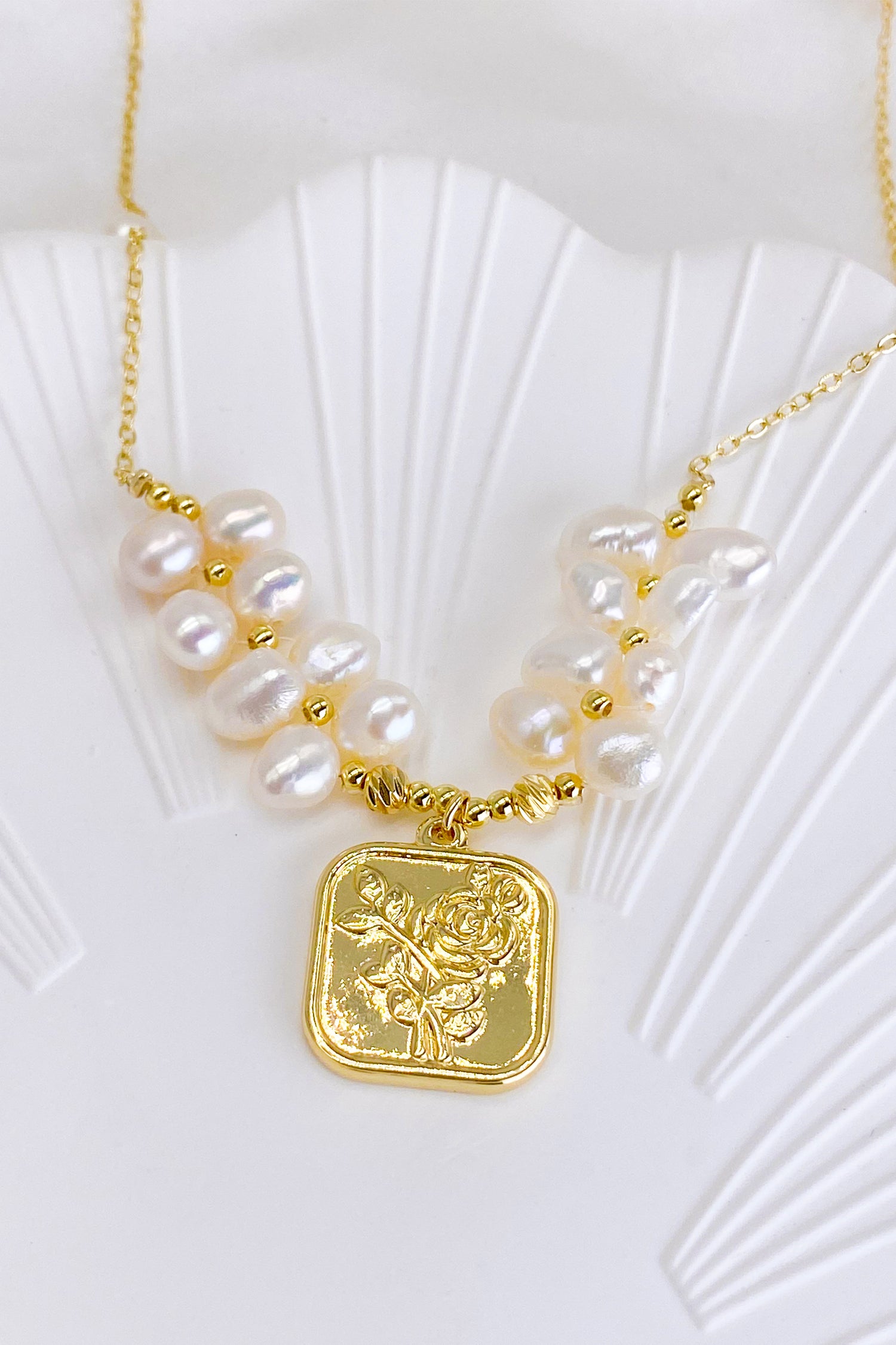 Caroline Gold Square Rose Medallion Pearl Necklace