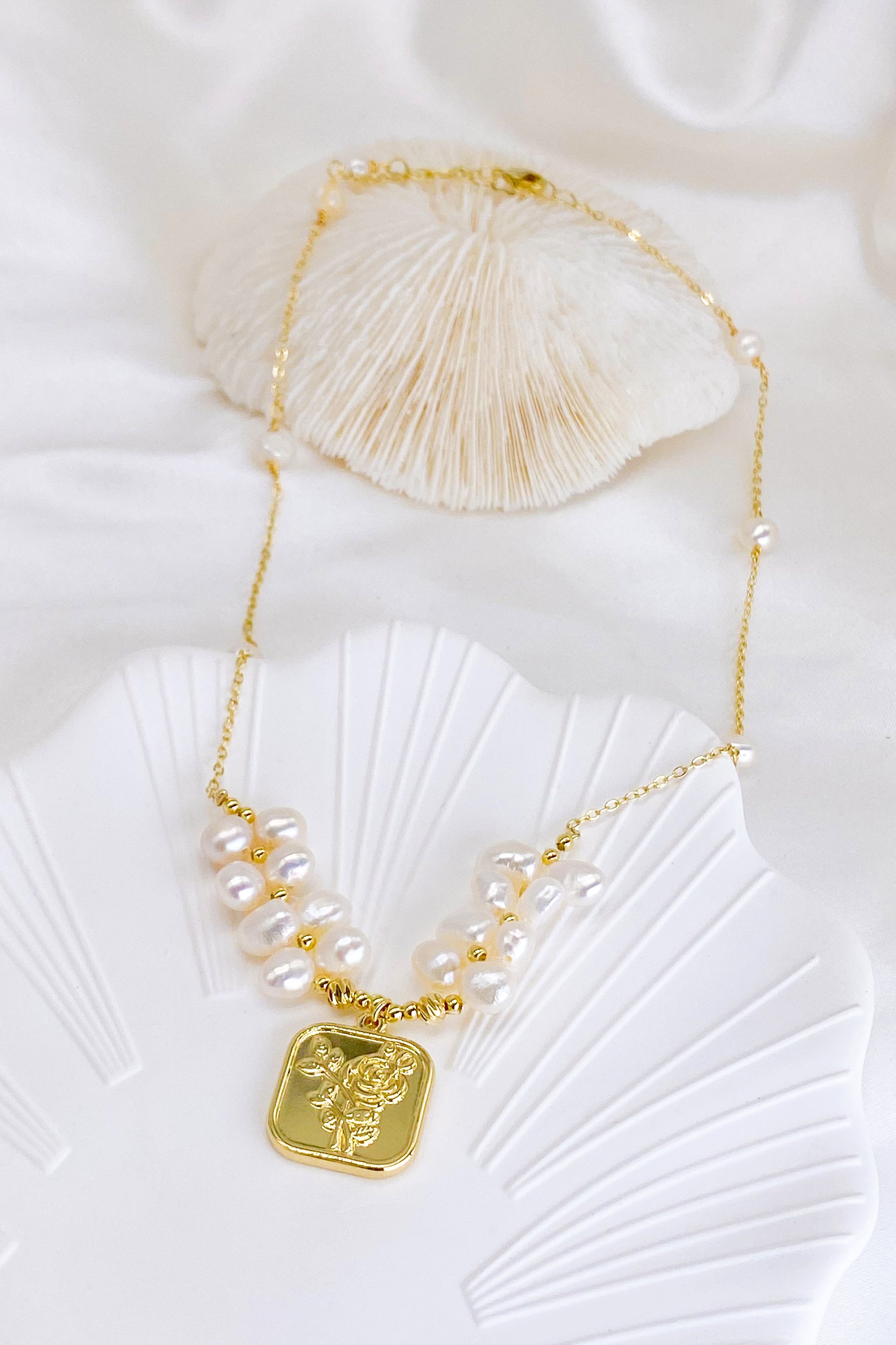 Caroline Gold Square Rose Medallion Pearl Necklace