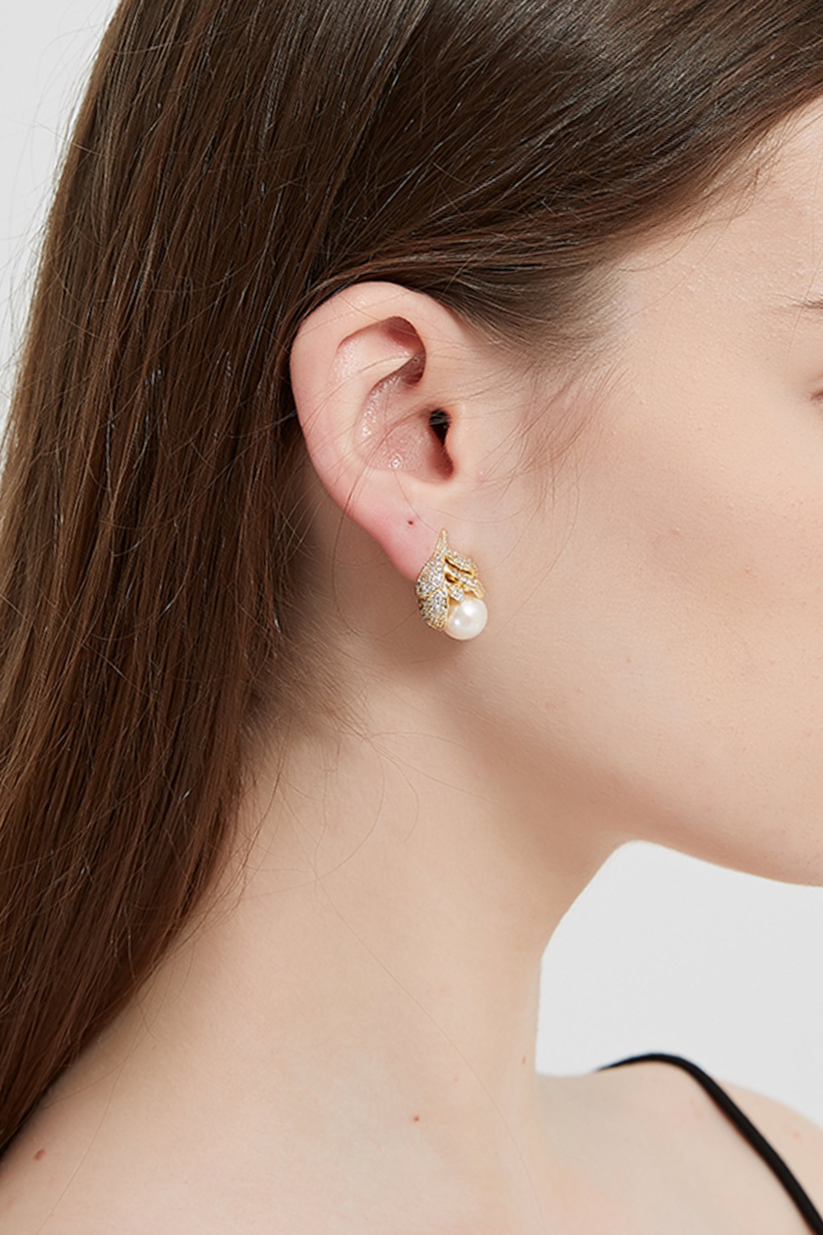 Lison 18K Gold-Filled Rhinestone Leaf Pearl Earrings