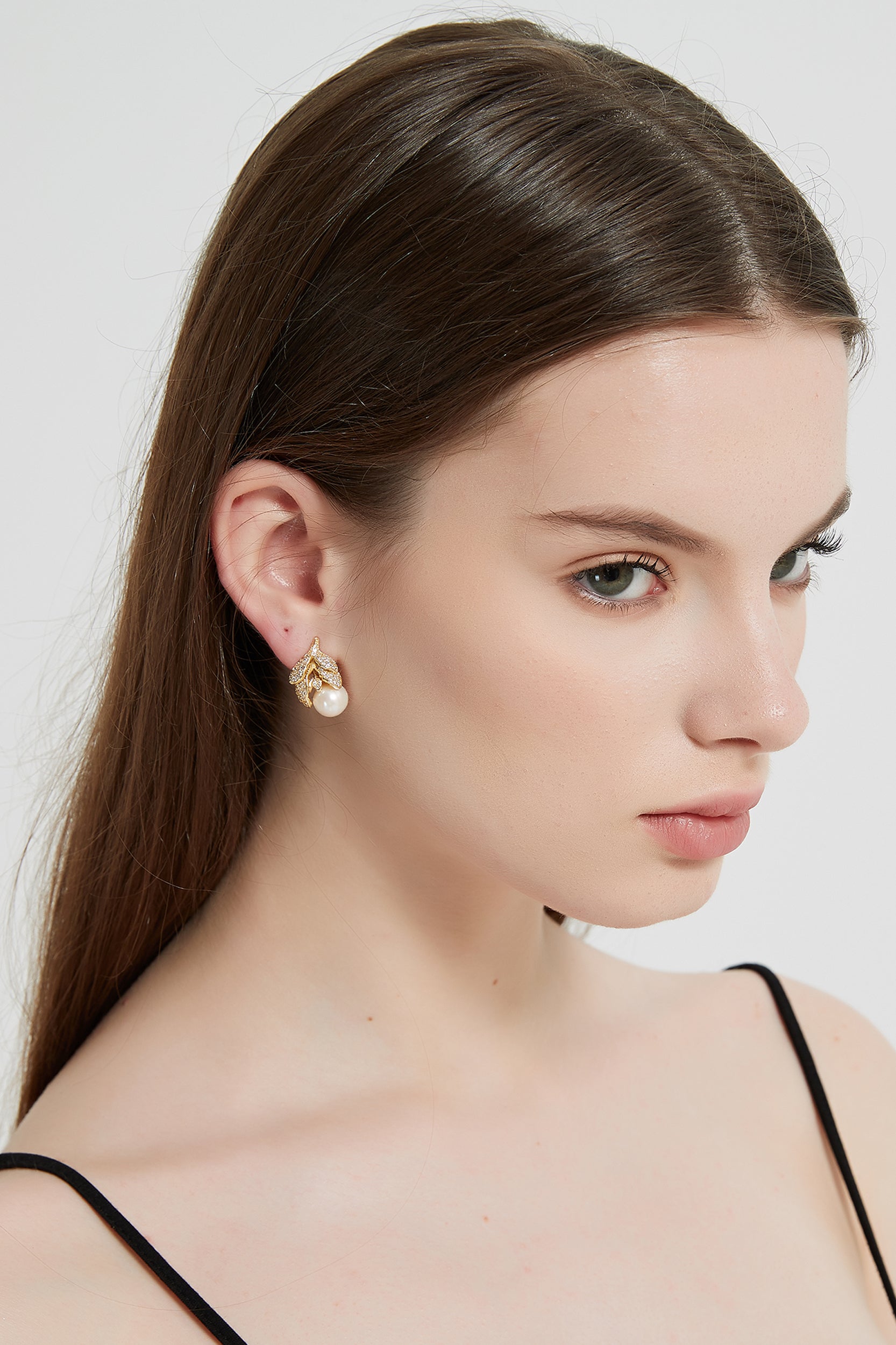 Lison 18K Gold-Filled Rhinestone Leaf Pearl Earrings