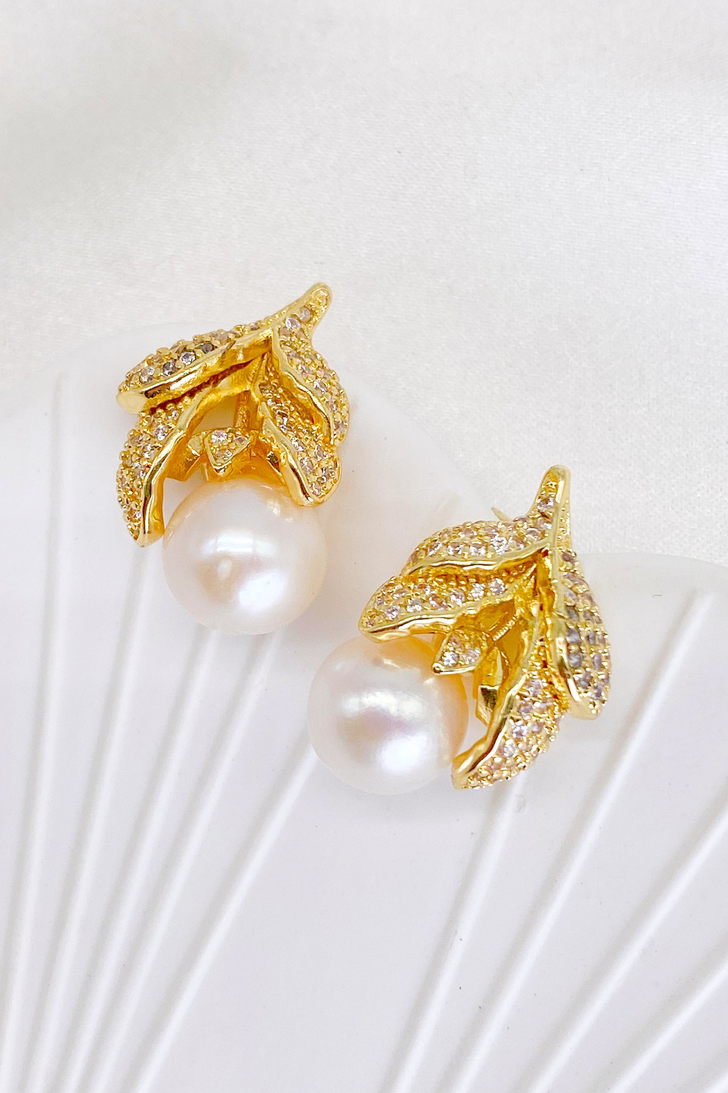 Lison 18K Gold-Filled Rhinestone Leaf Pearl Earrings