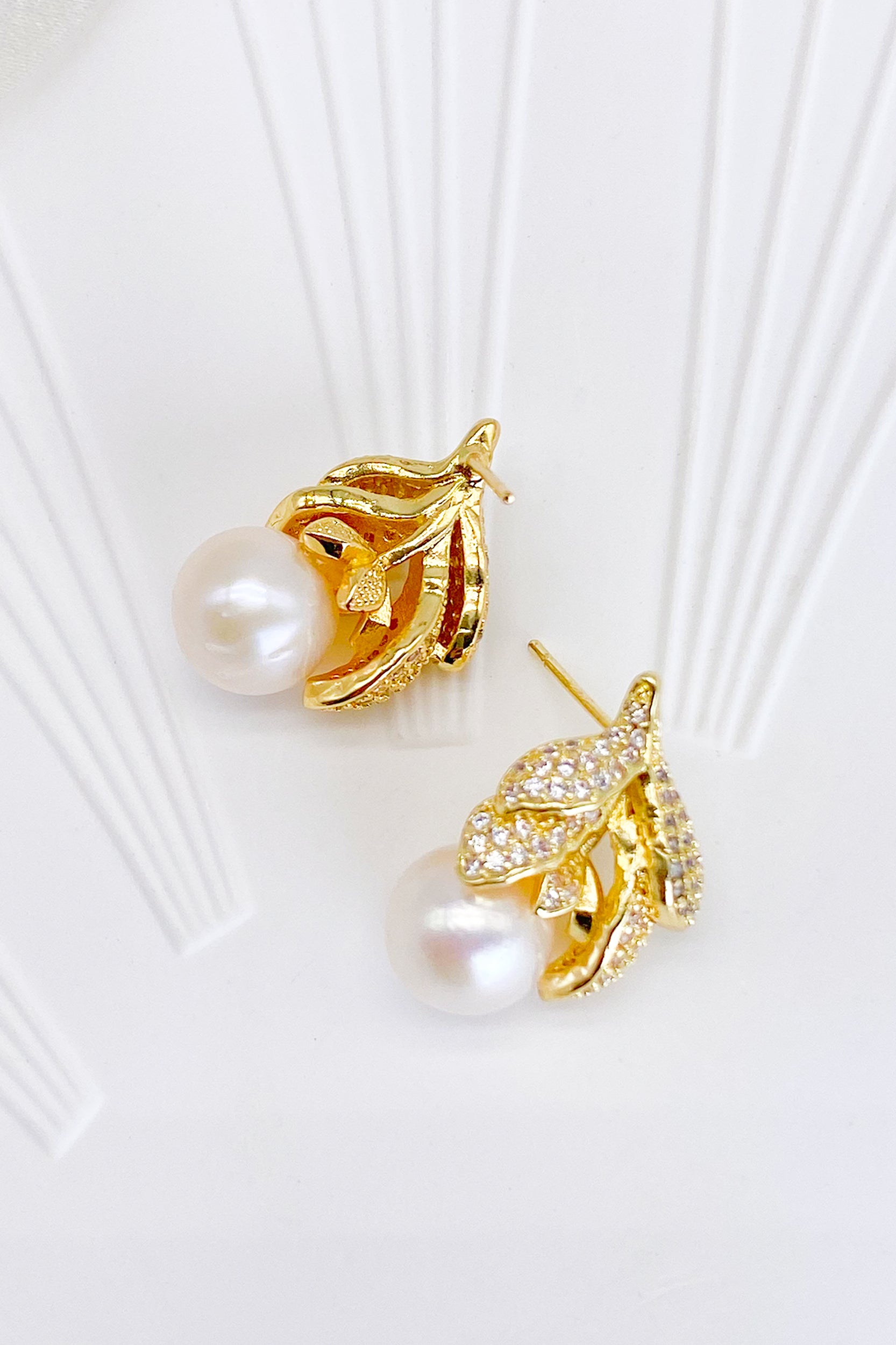 Lison 18K Gold-Filled Rhinestone Leaf Pearl Earrings
