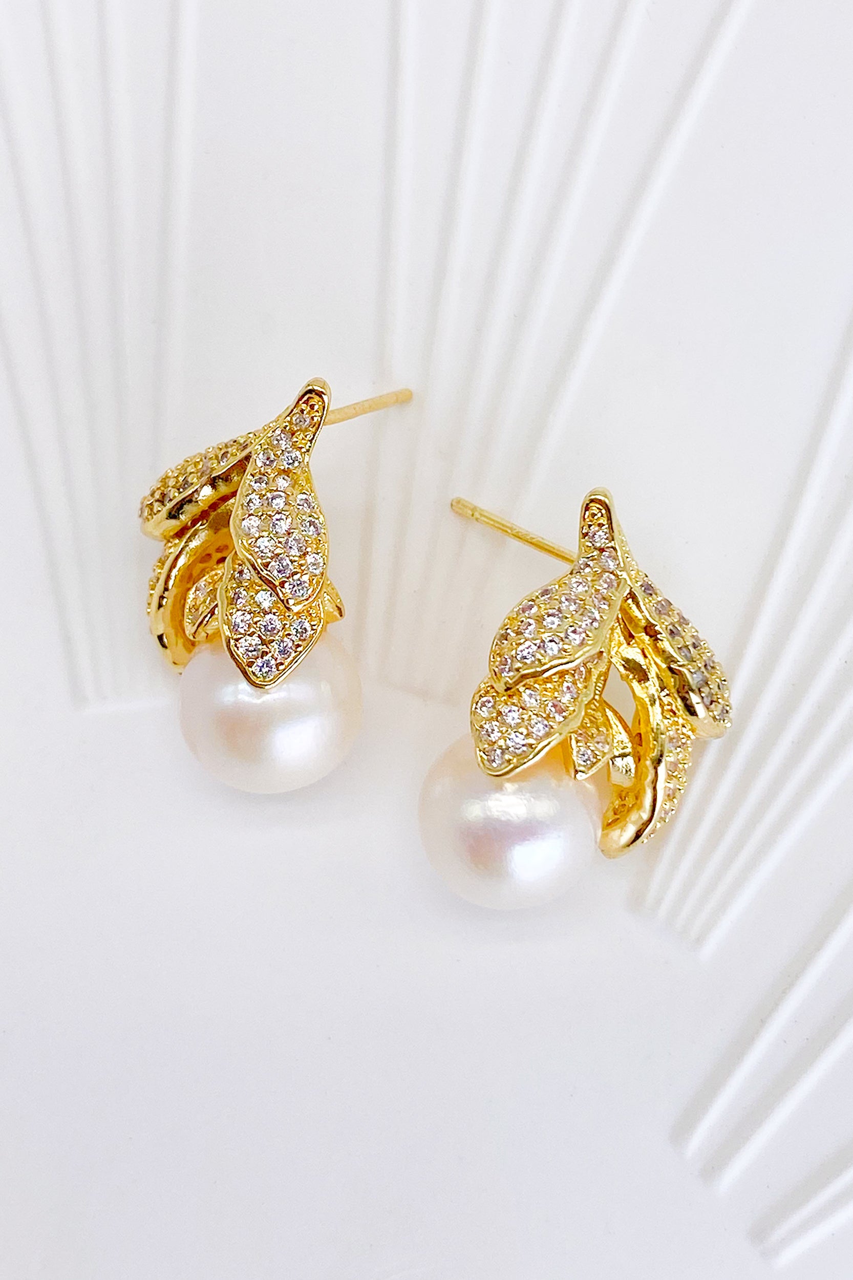 Lison 18K Gold-Filled Rhinestone Leaf Pearl Earrings