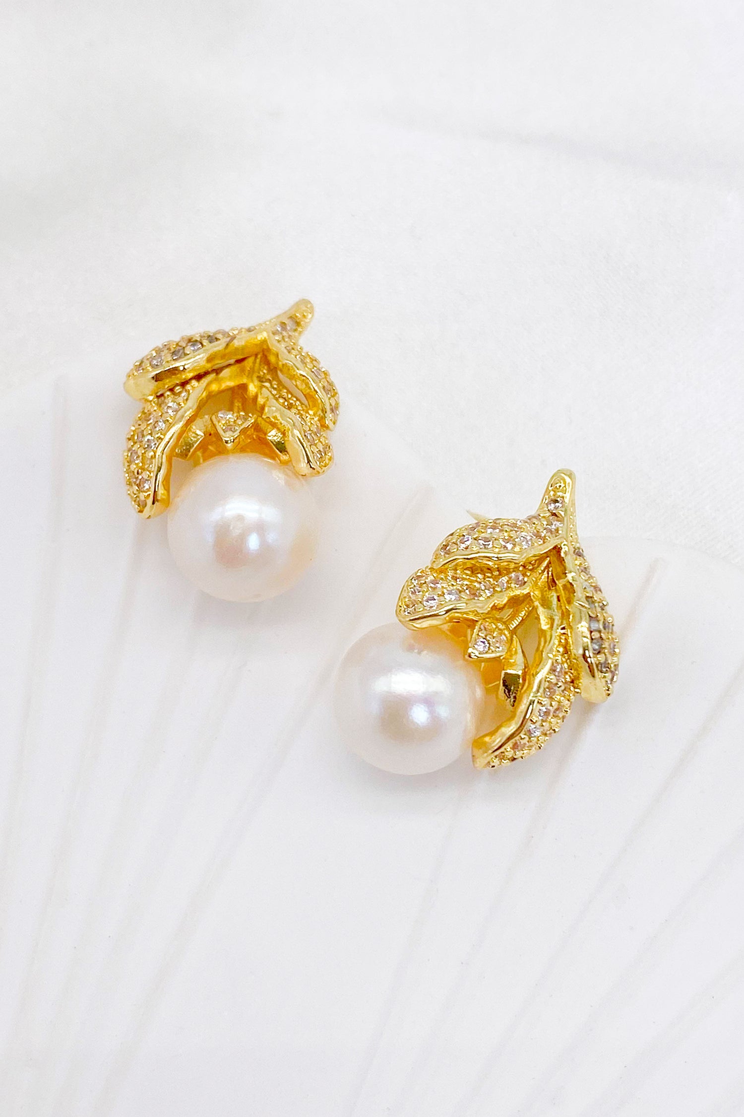 Lison 18K Gold-Filled Rhinestone Leaf Pearl Earrings