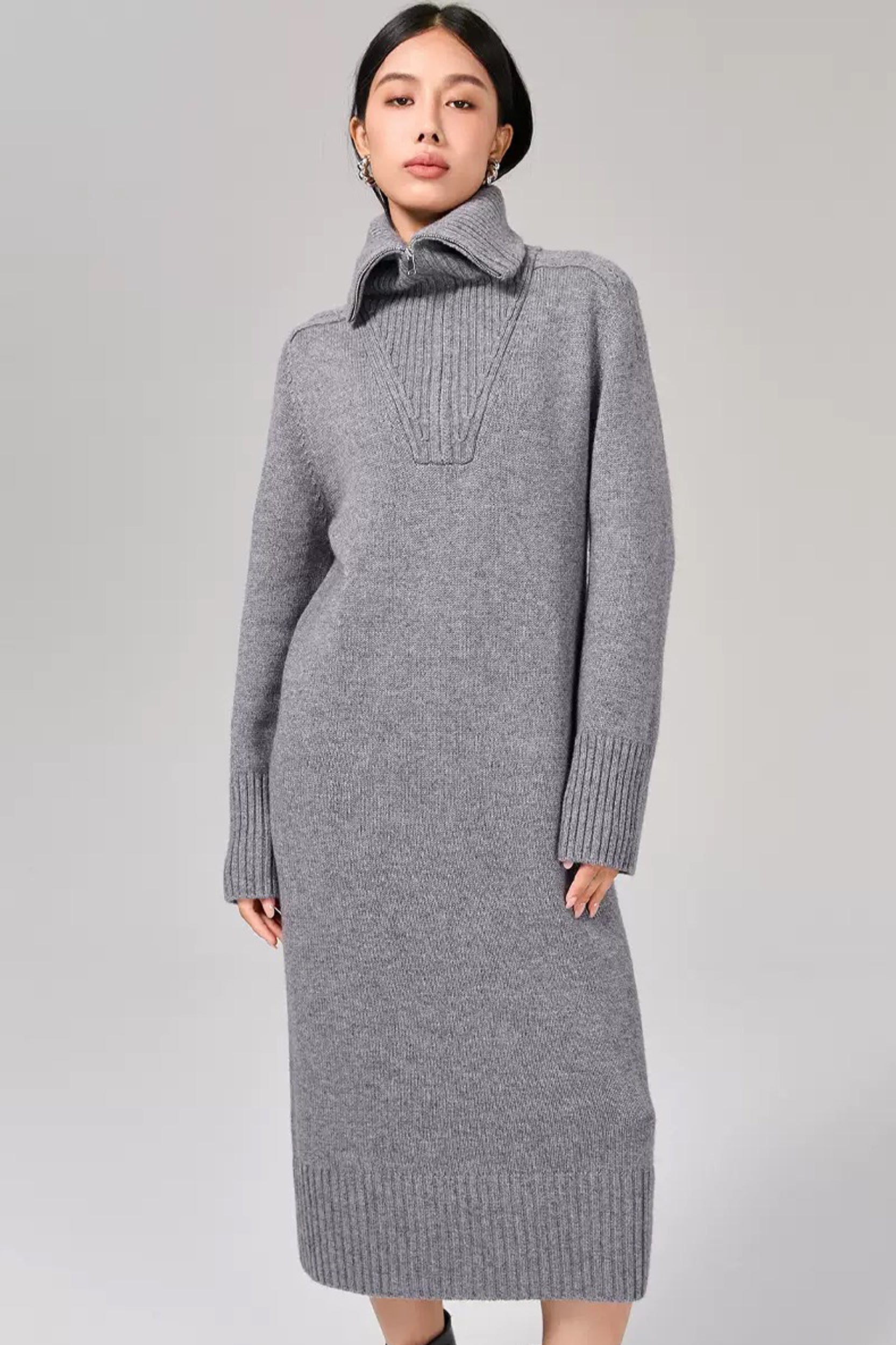 Marcella Zip Collar Merino Wool Ribbed Sweater Dress