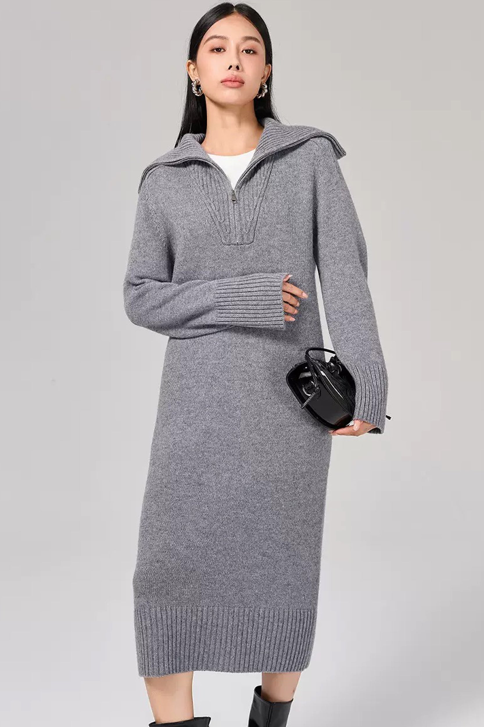 Marcella Zip Collar Merino Wool Ribbed Sweater Dress