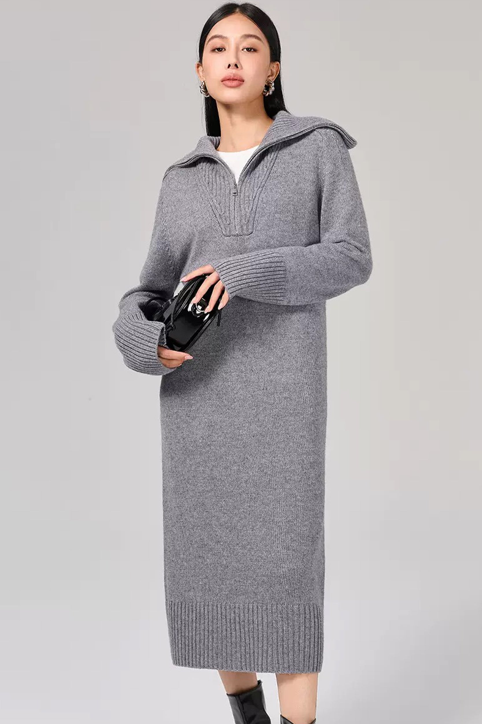 Marcella Zip Collar Merino Wool Ribbed Sweater Dress
