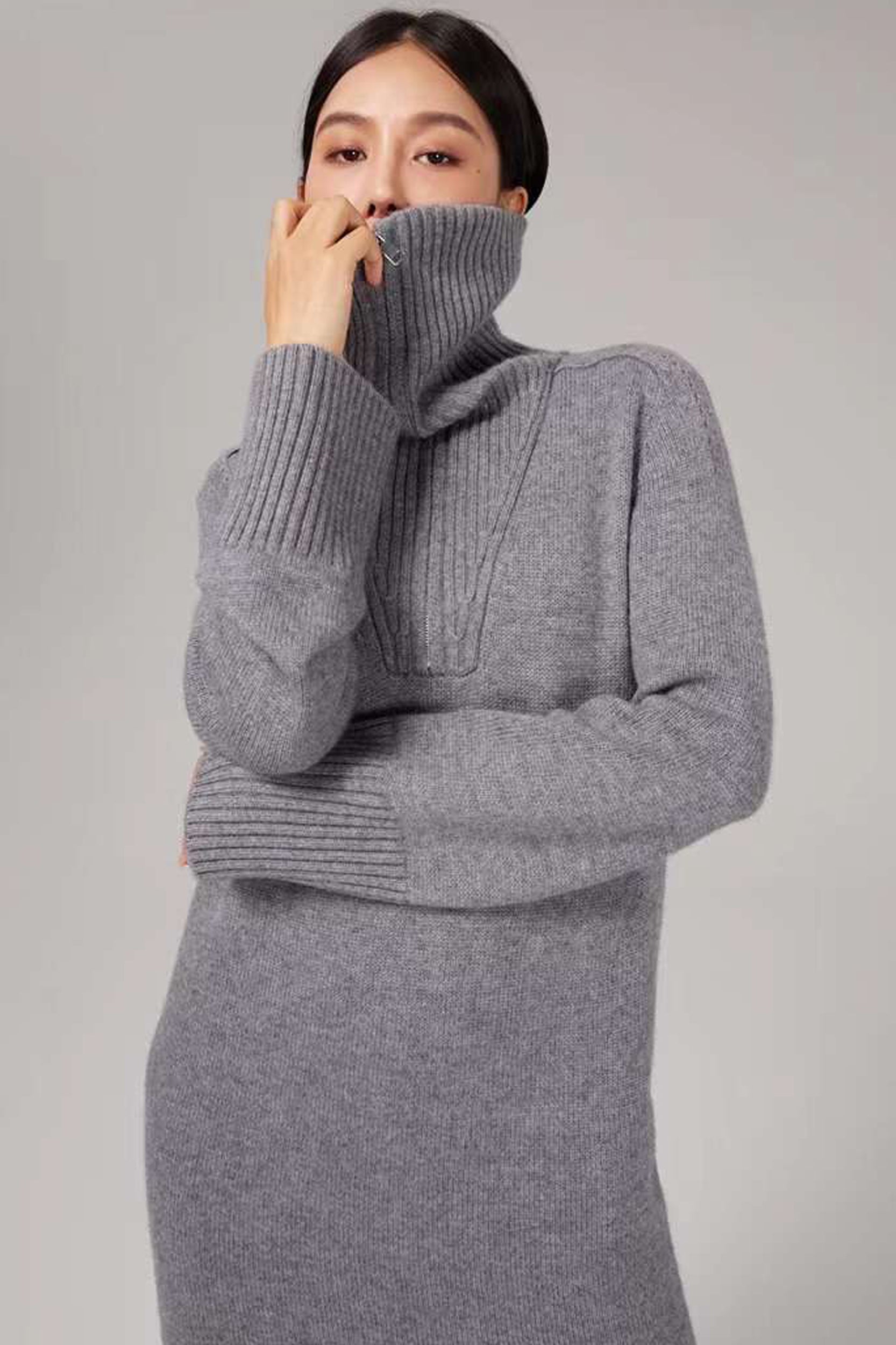 Marcella Zip Collar Merino Wool Ribbed Sweater Dress