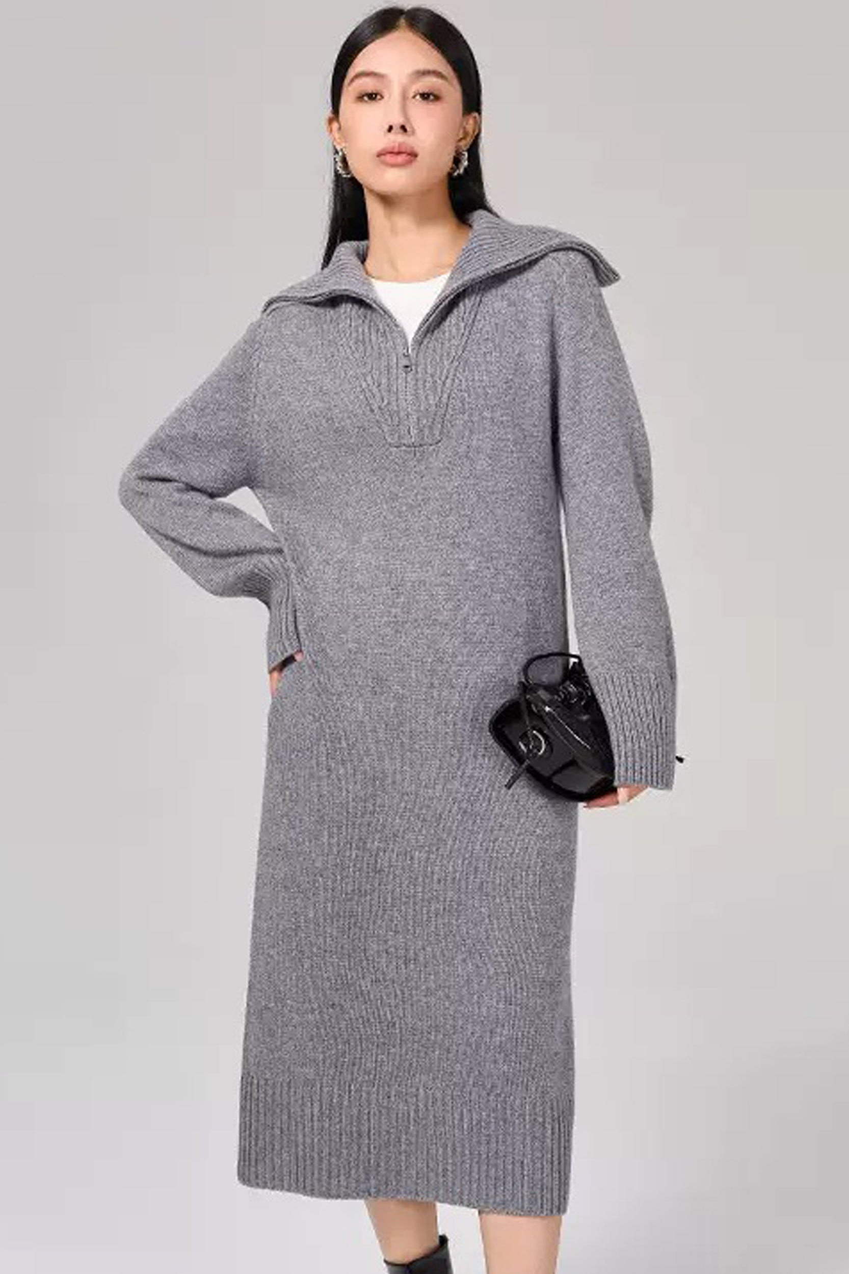 Marcella Zip Collar Merino Wool Ribbed Sweater Dress
