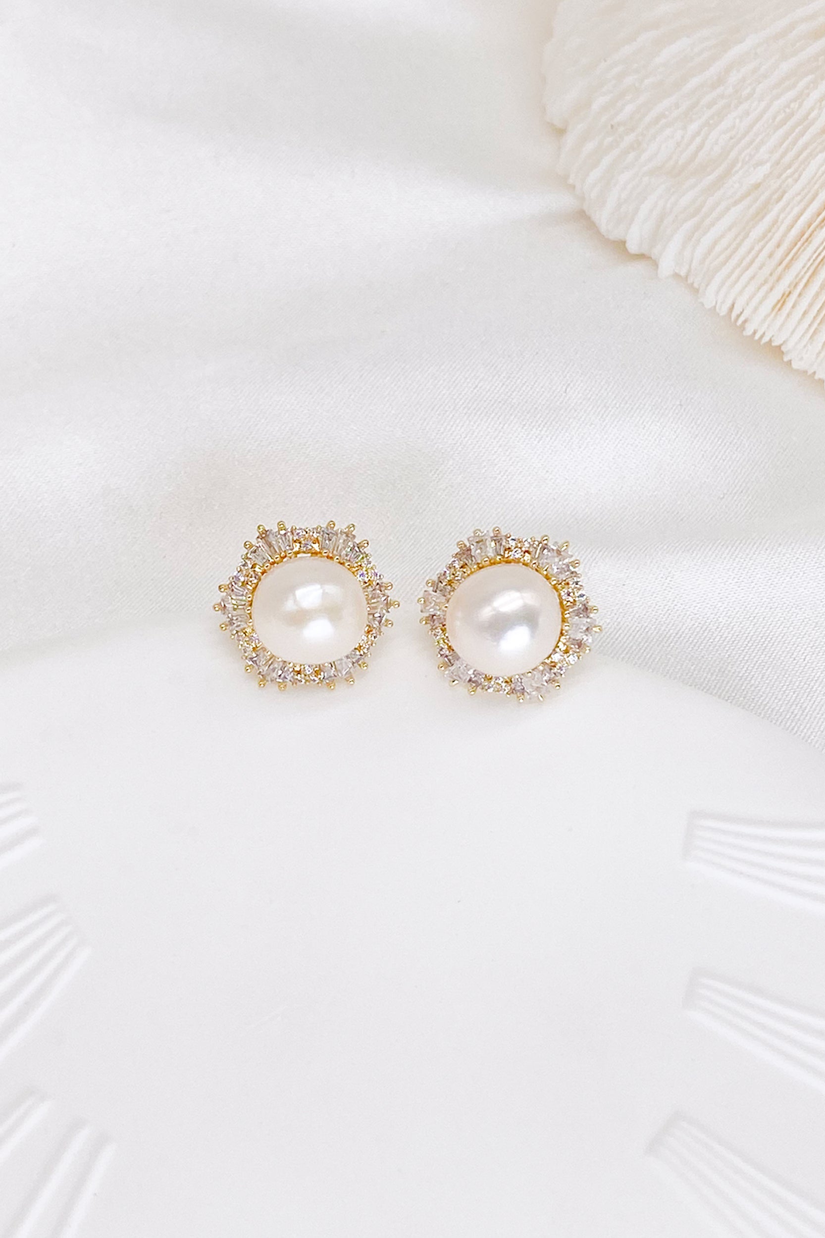 Margot Cubic Zirconia Baguette Pearl Hexagon Stud Earrings