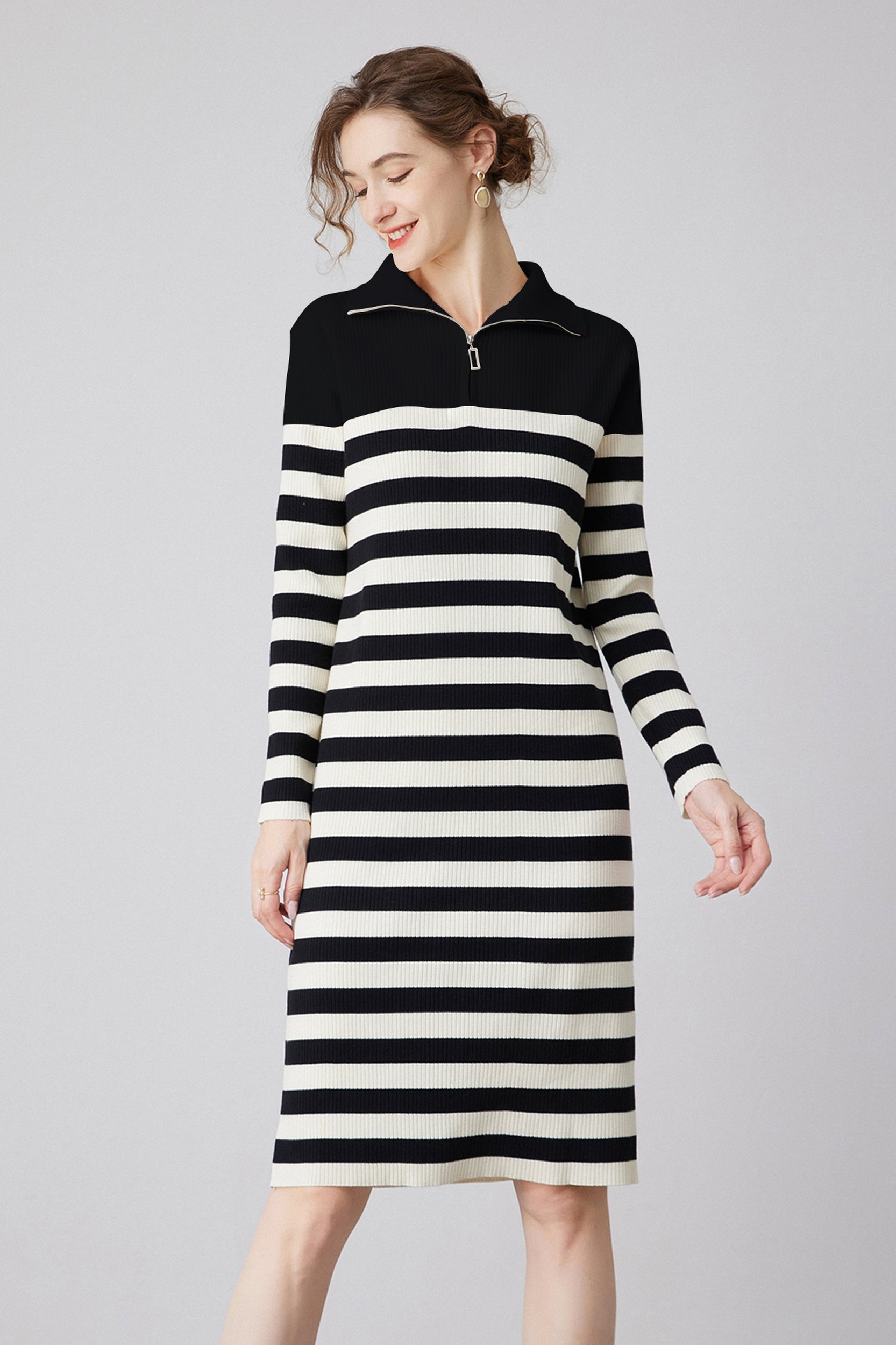 SKYEMicaelaQuarterZipStripedKnitSweaterDressBlackzoom