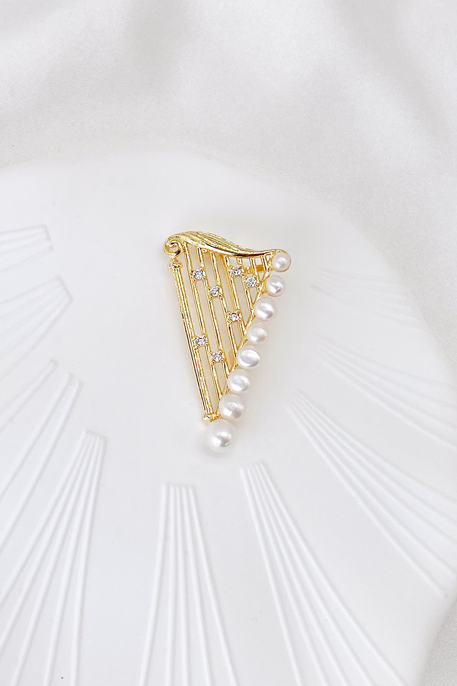 Mireille Gold Pearl Harp Brooch