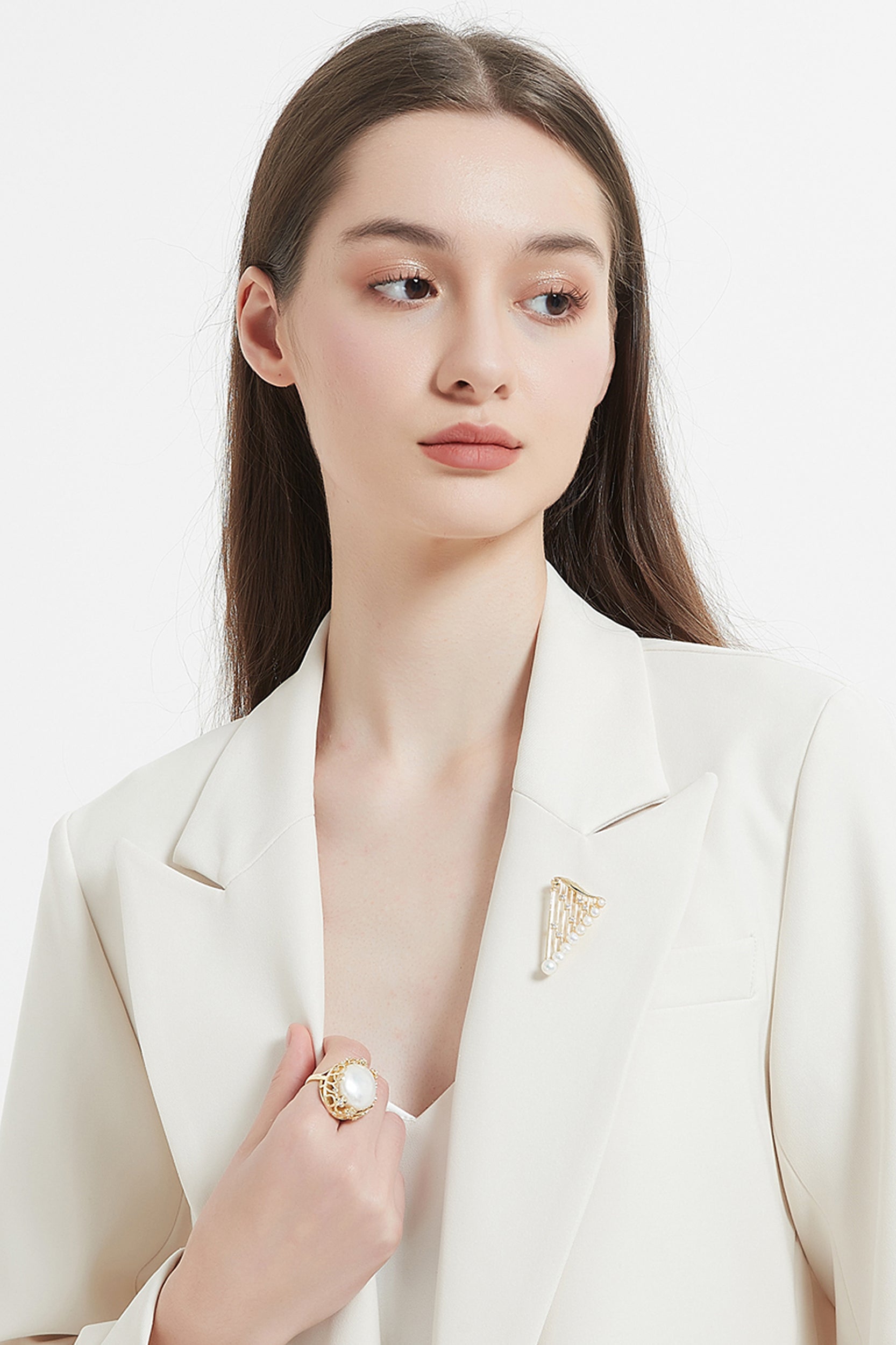 Mireille Gold Pearl Harp Brooch