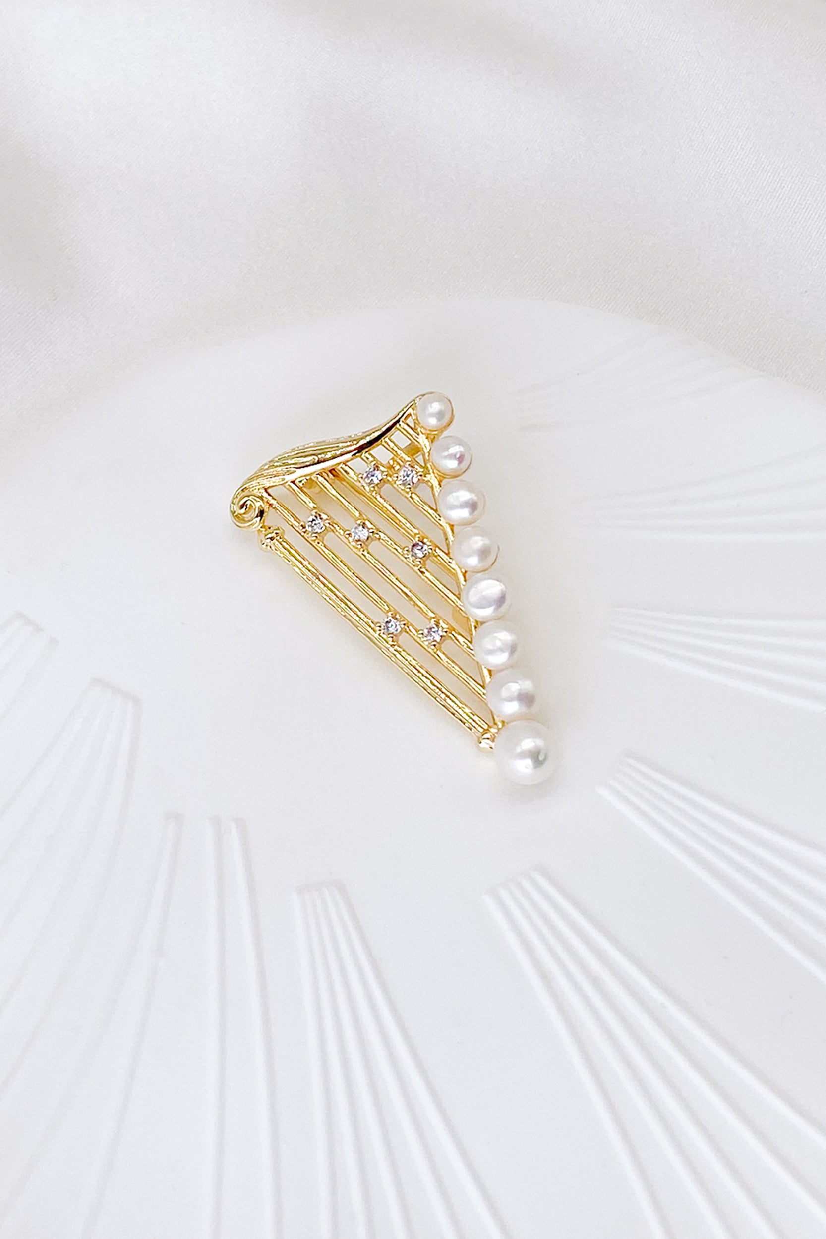 Mireille Gold Pearl Harp Brooch