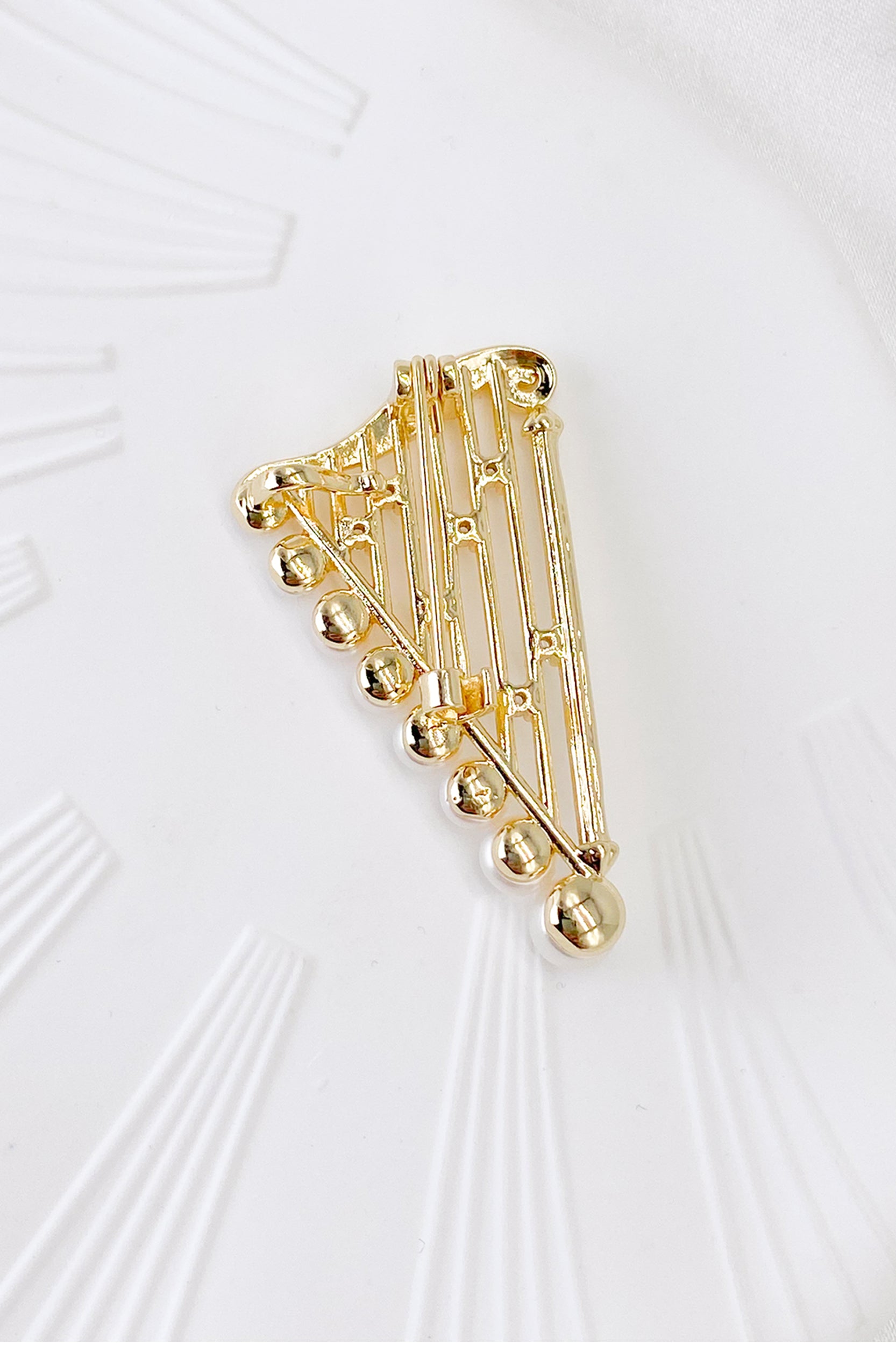 Mireille Gold Pearl Harp Brooch