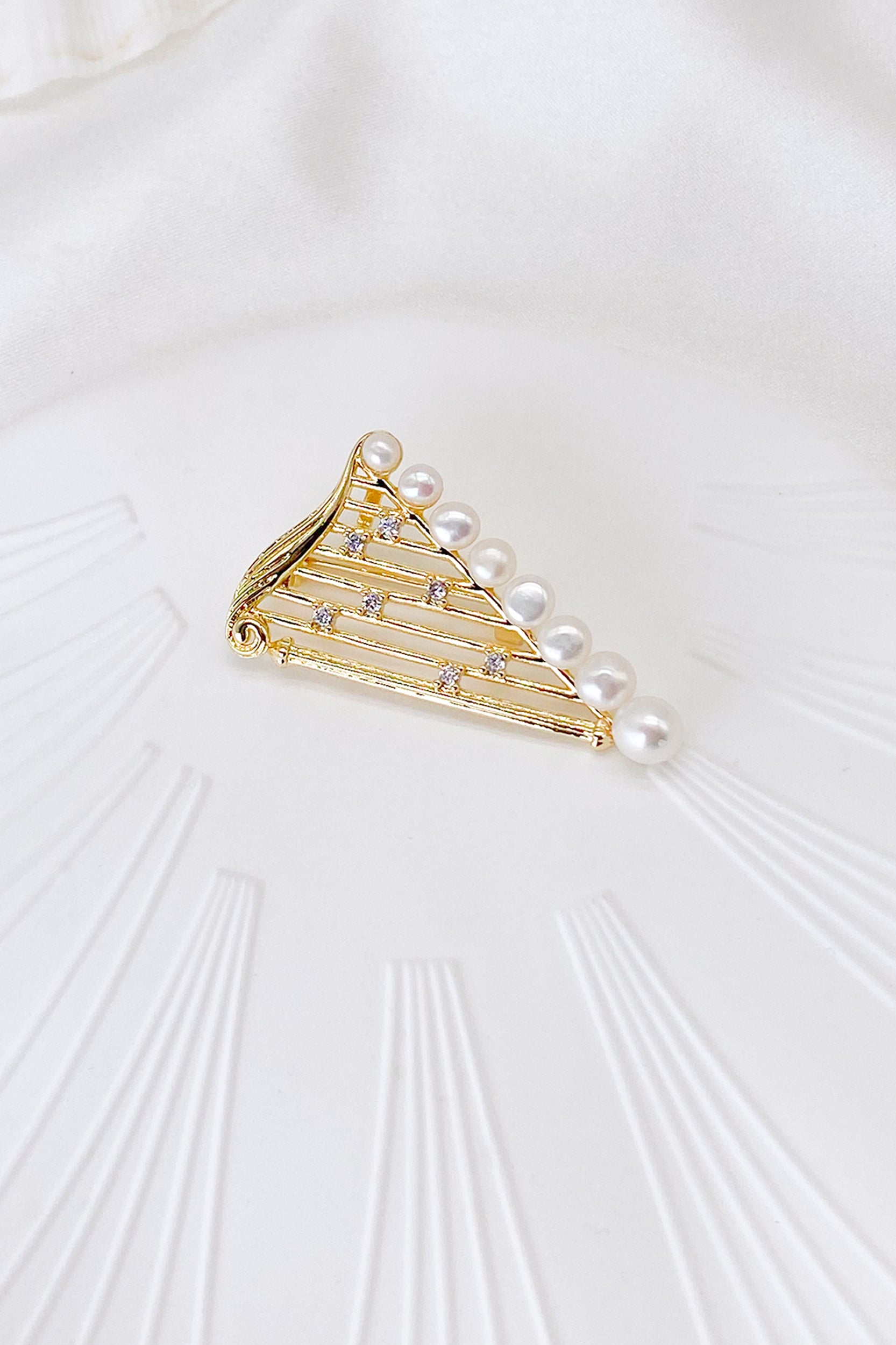 Mireille Gold Pearl Harp Brooch
