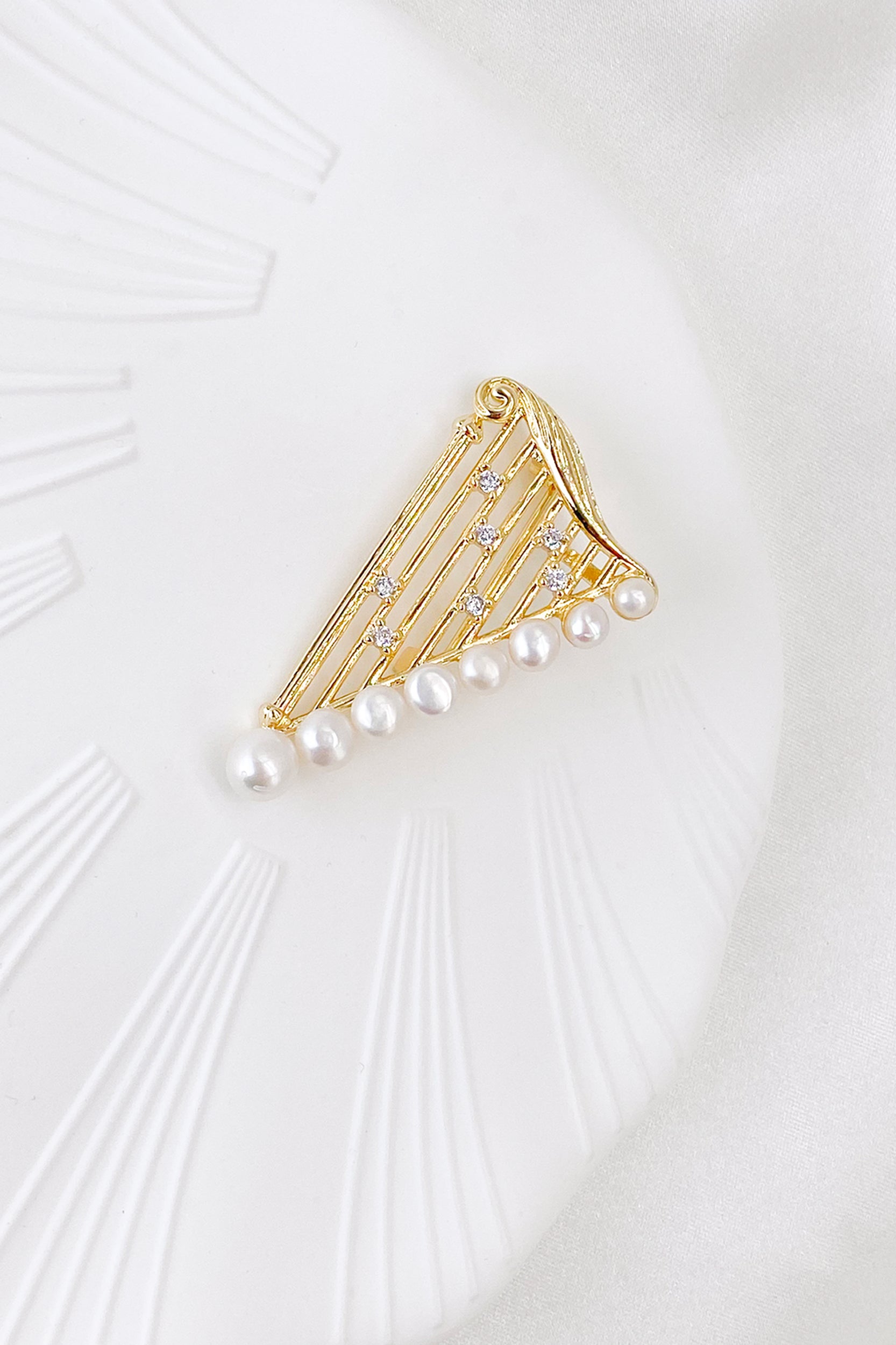 Mireille Gold Pearl Harp Brooch
