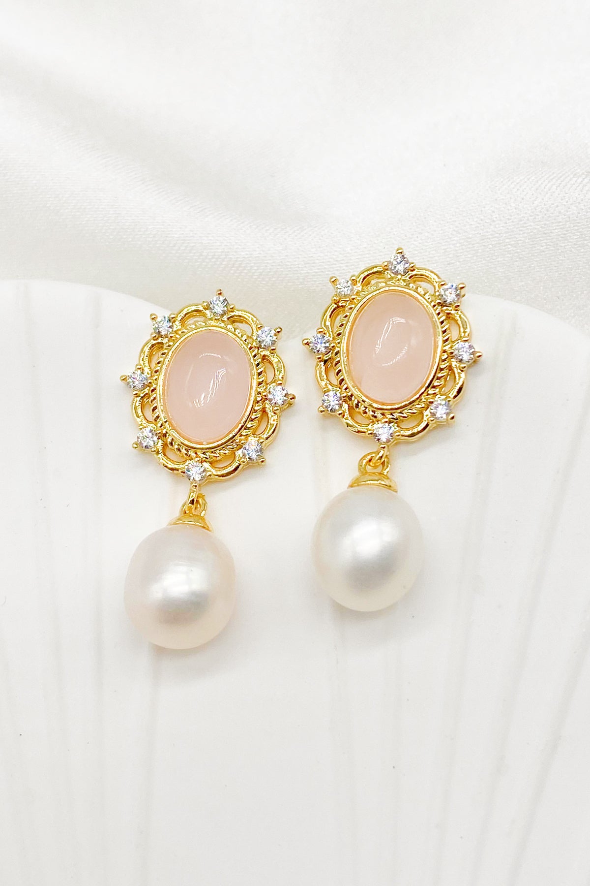 Bella Rose Quartz Filigree Pearl Drop Earrings 2