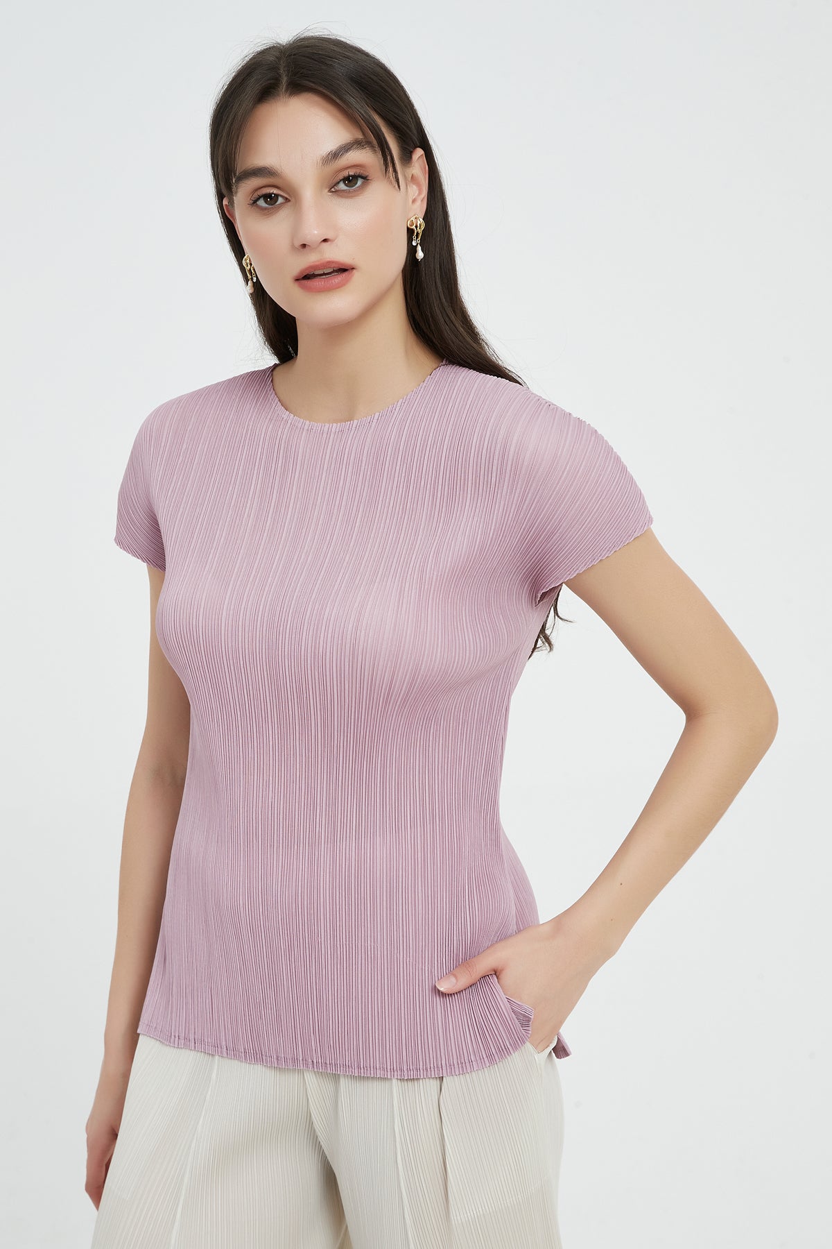 SKYE Allegra Short Sleeve Pleated Top purple2