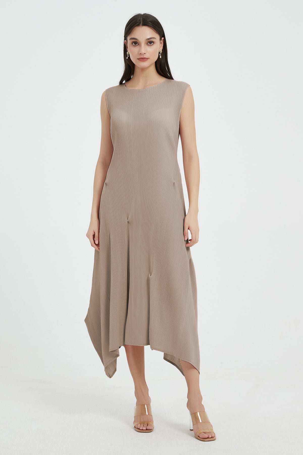 SKYE Katherine Asymmetric Hem Pleated Midi dress beige