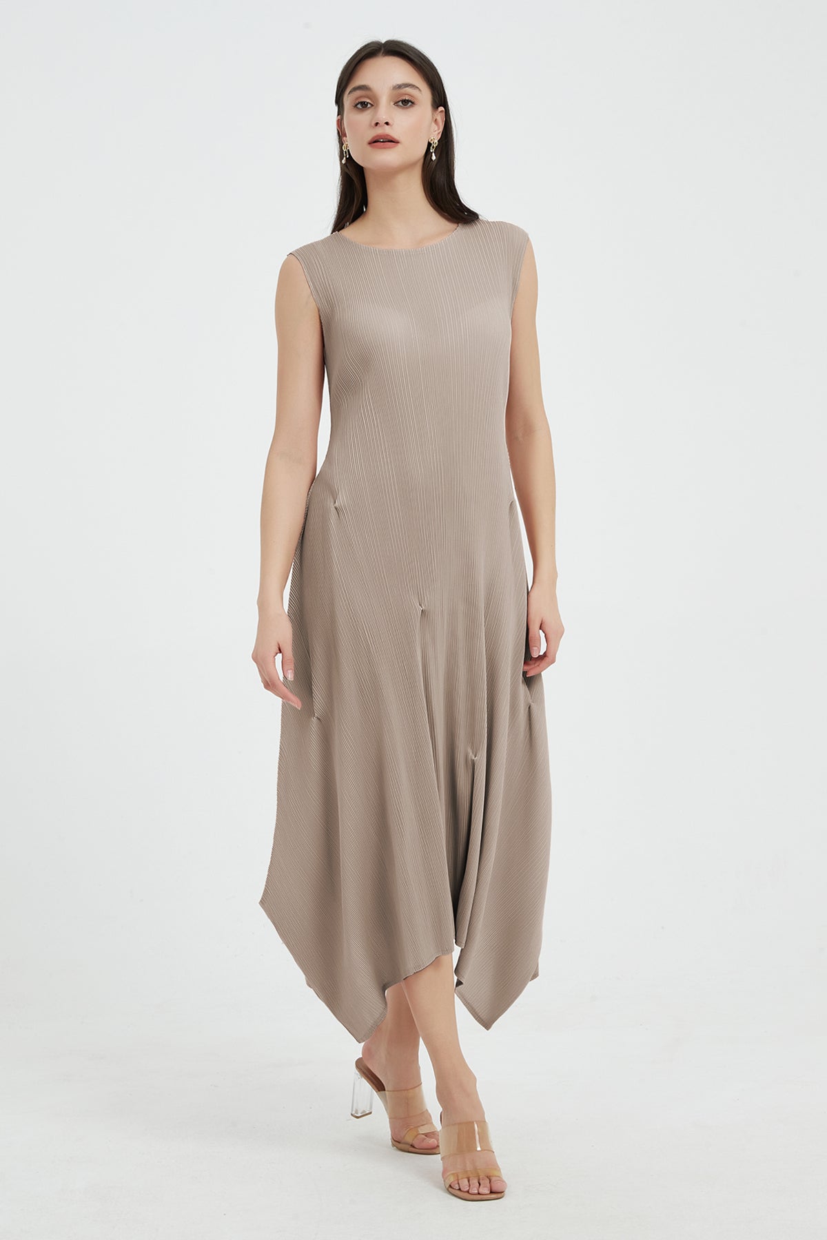 SKYE Katherine Asymmetric Hem Pleated Midi dress beige2