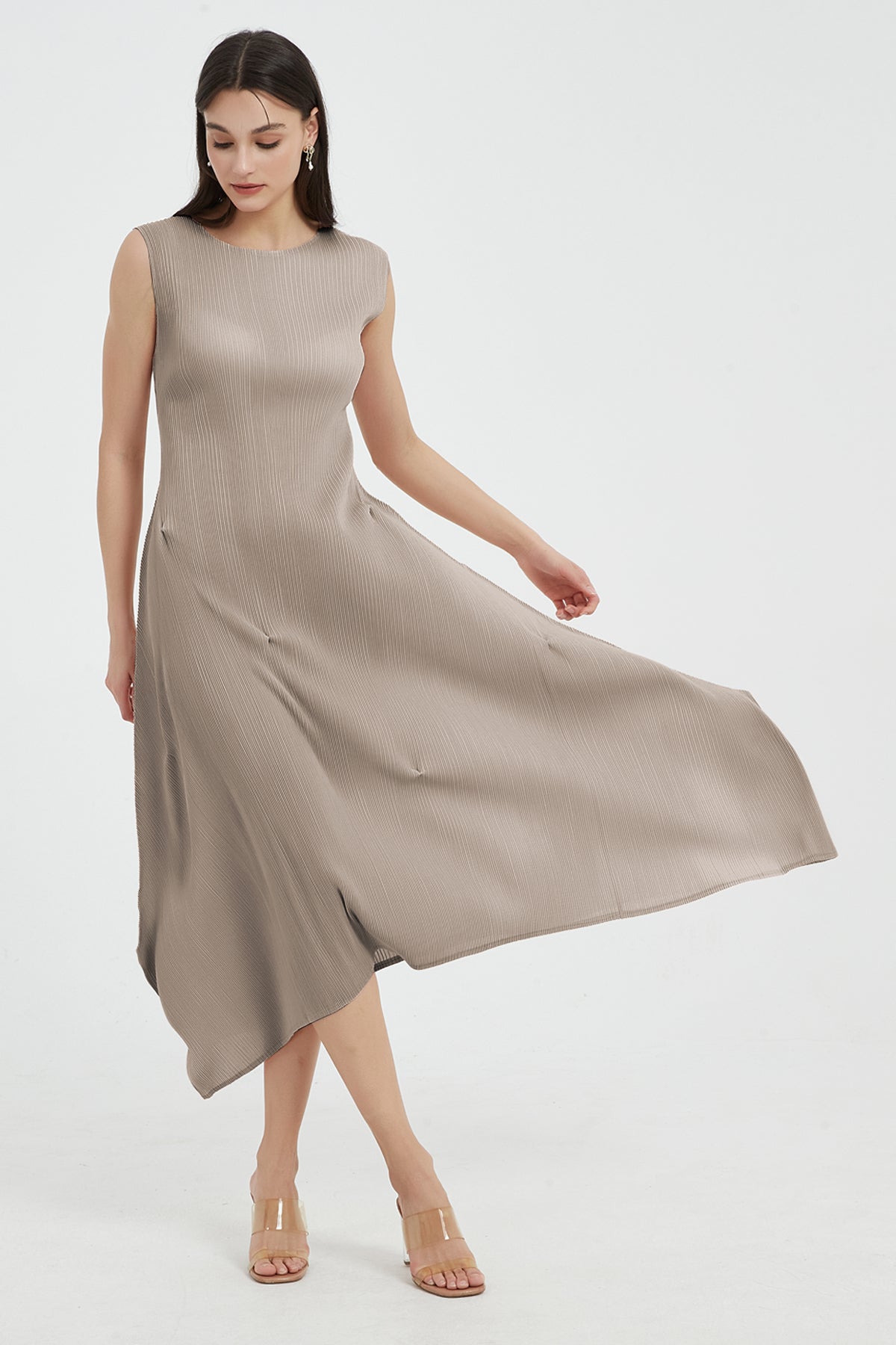 SKYE Katherine Asymmetric Hem Pleated Midi dress beige3