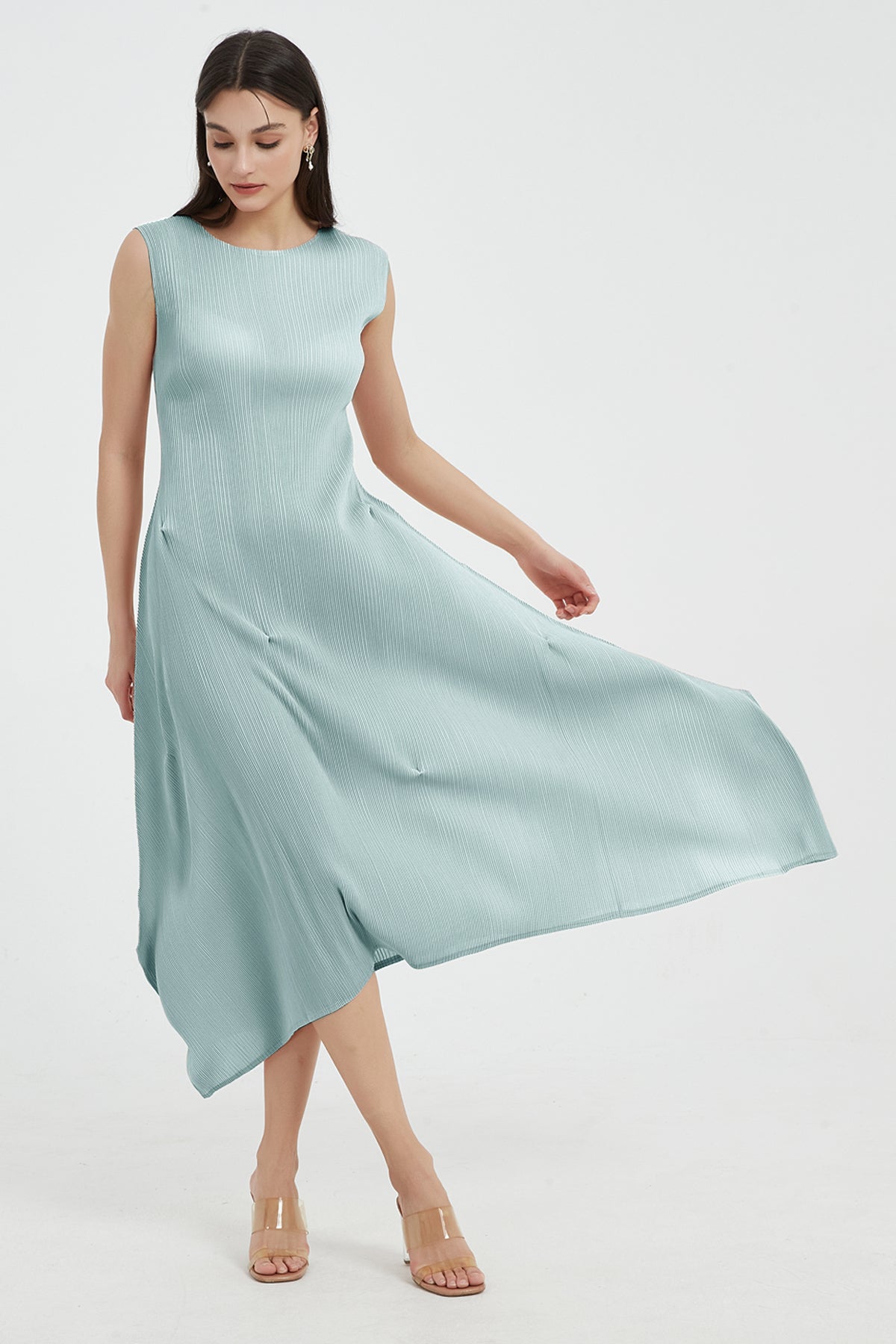 SKYE Katherine Asymmetric Hem Pleated Midi dress light green