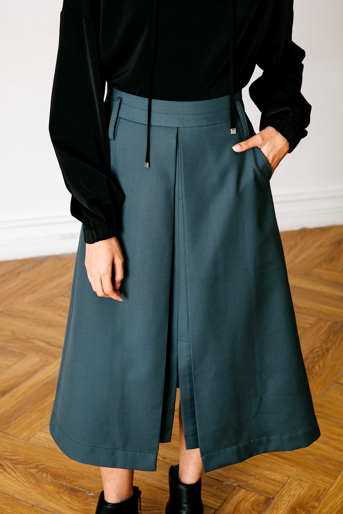 SKYE San Francisco SF California shop ethical sustainable modern chic minimalist luxury clothing women fashion Lulu Midi Skirt dark green 2