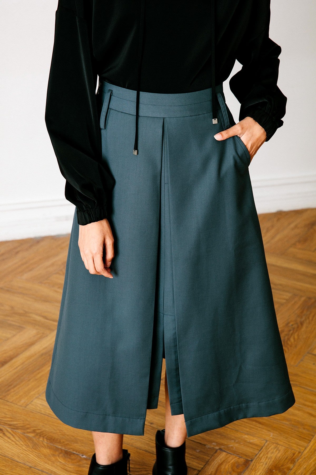 SKYE San Francisco SF California shop ethical sustainable modern chic minimalist luxury clothing women fashion Lulu Midi Skirt dark green 2