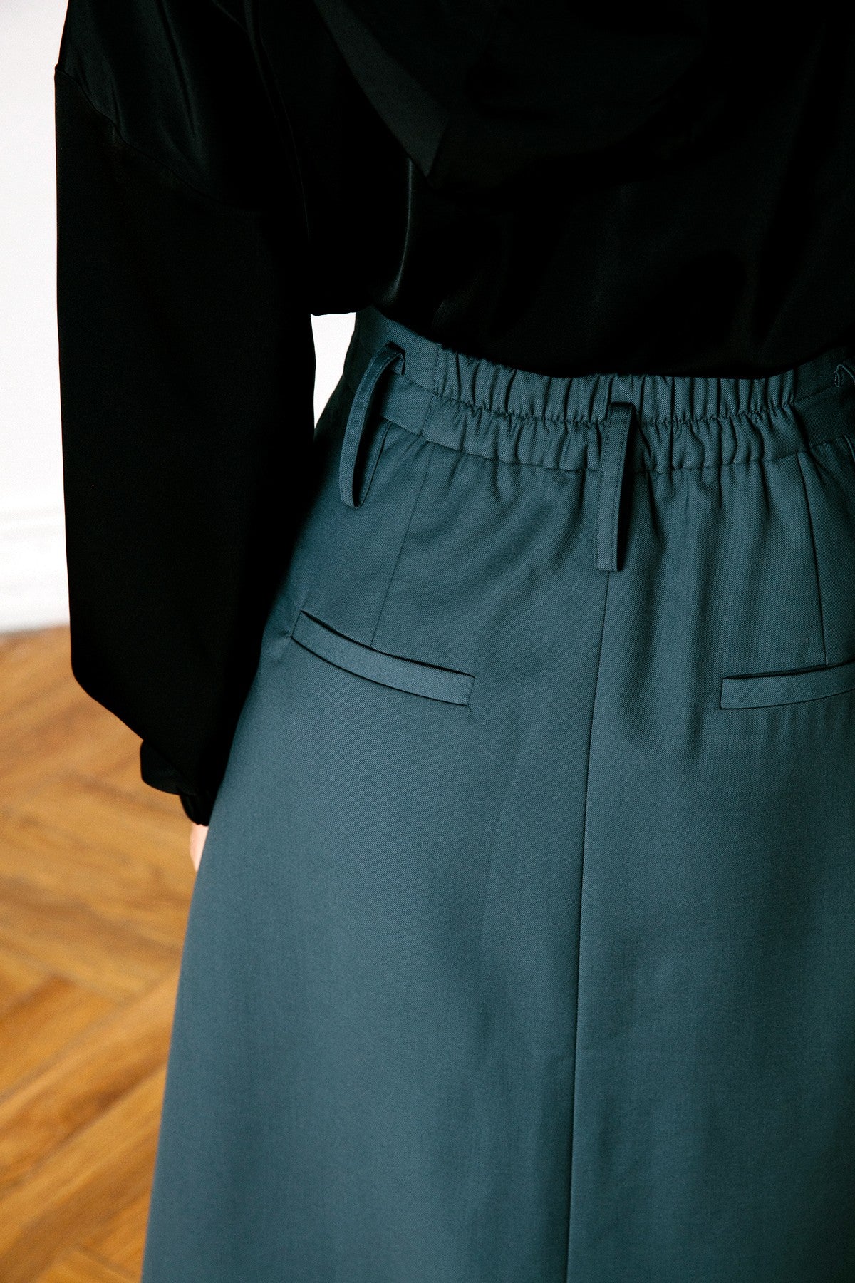 SKYE San Francisco SF California shop ethical sustainable modern chic minimalist luxury clothing women fashion Lulu Midi Skirt dark green 5