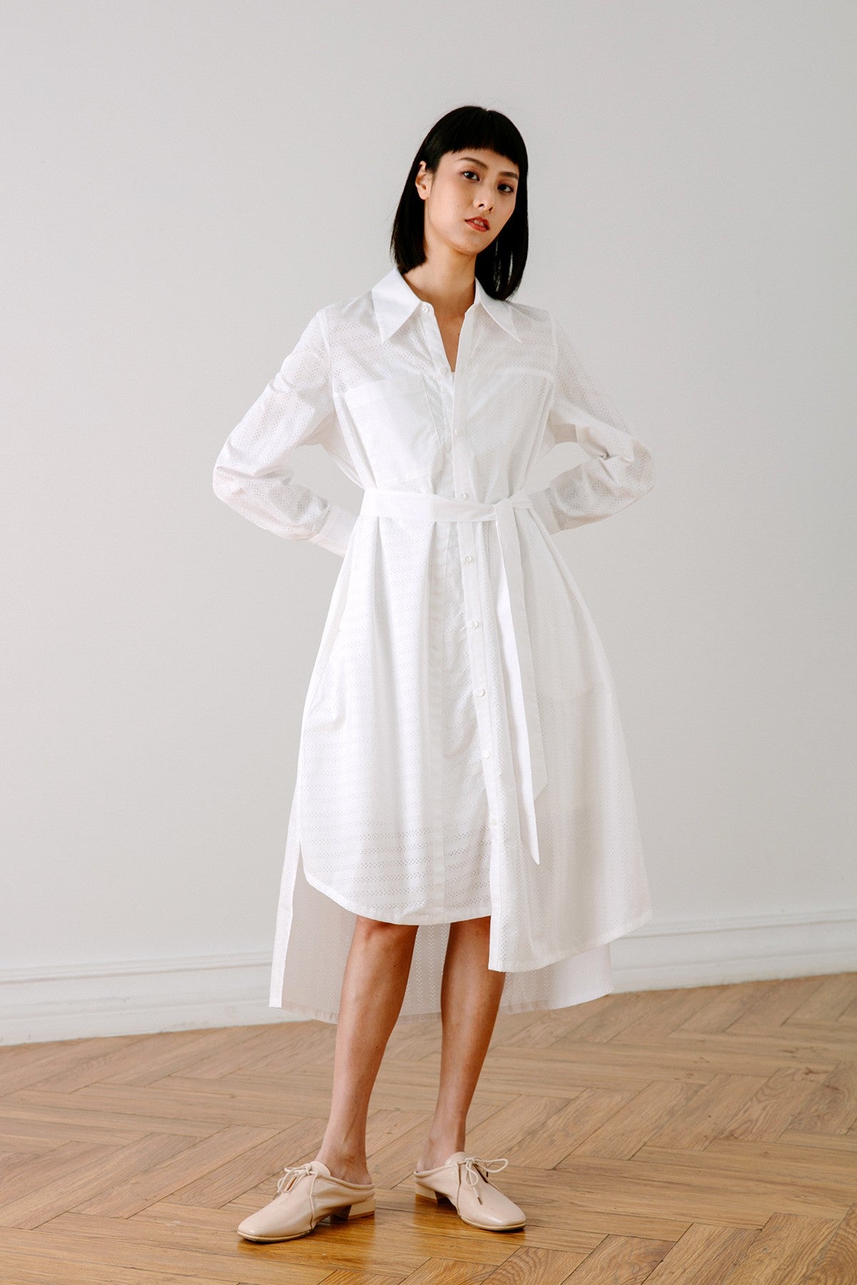 SKYE San Francisco SF California shop ethical sustainable modern chic minimalist luxury clothing women fashion Olivia Shirt Dress white 1